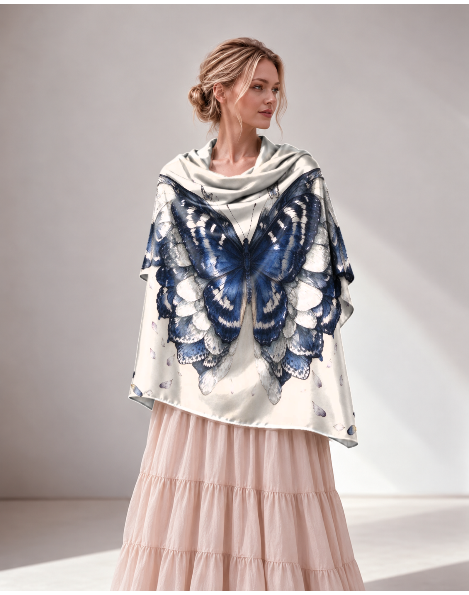 Indigo Blue Butterfly Wing Cottagecore Satin Shawl