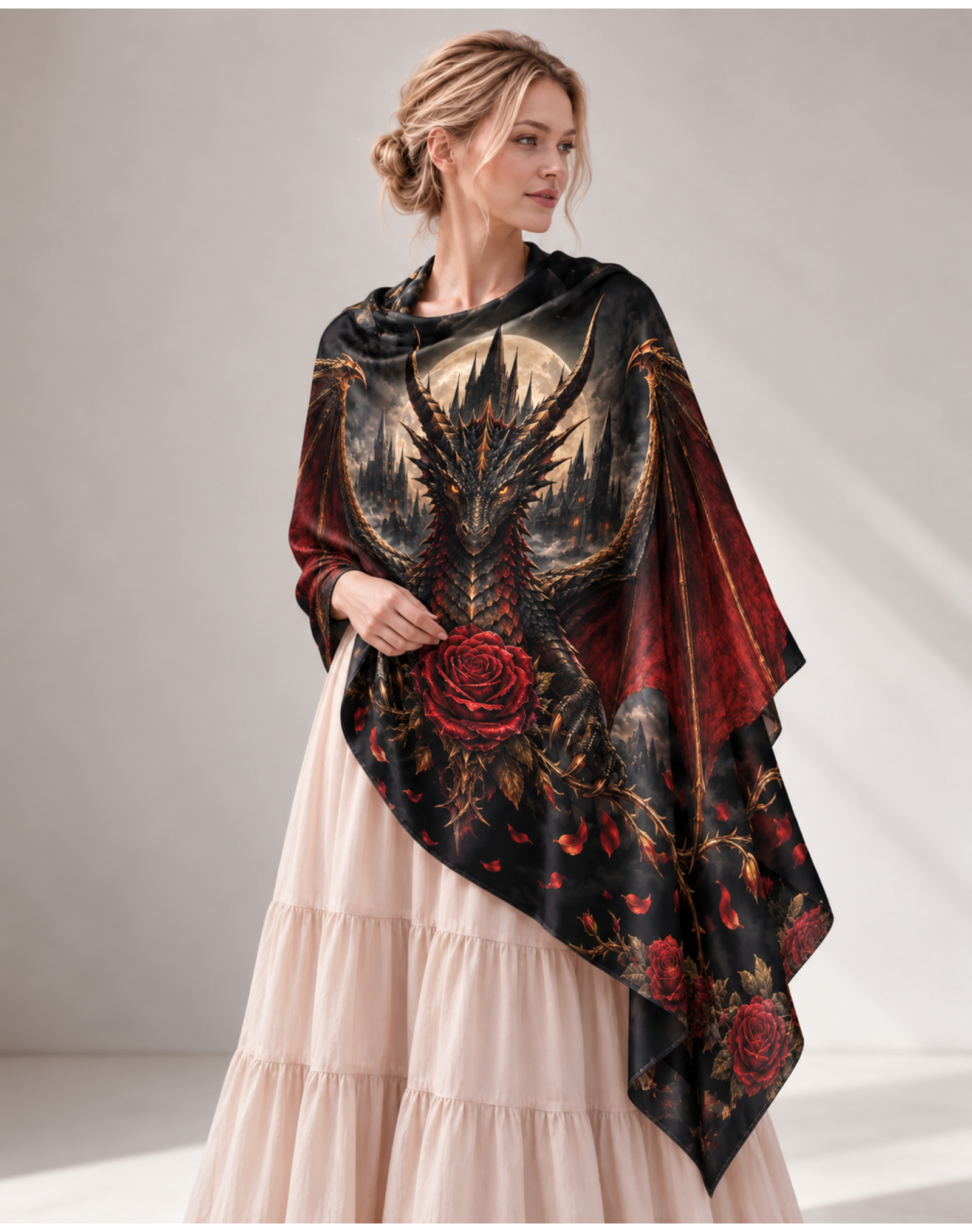 Majestic Black Red Wing Dragon Rose Moon Satin Shawl