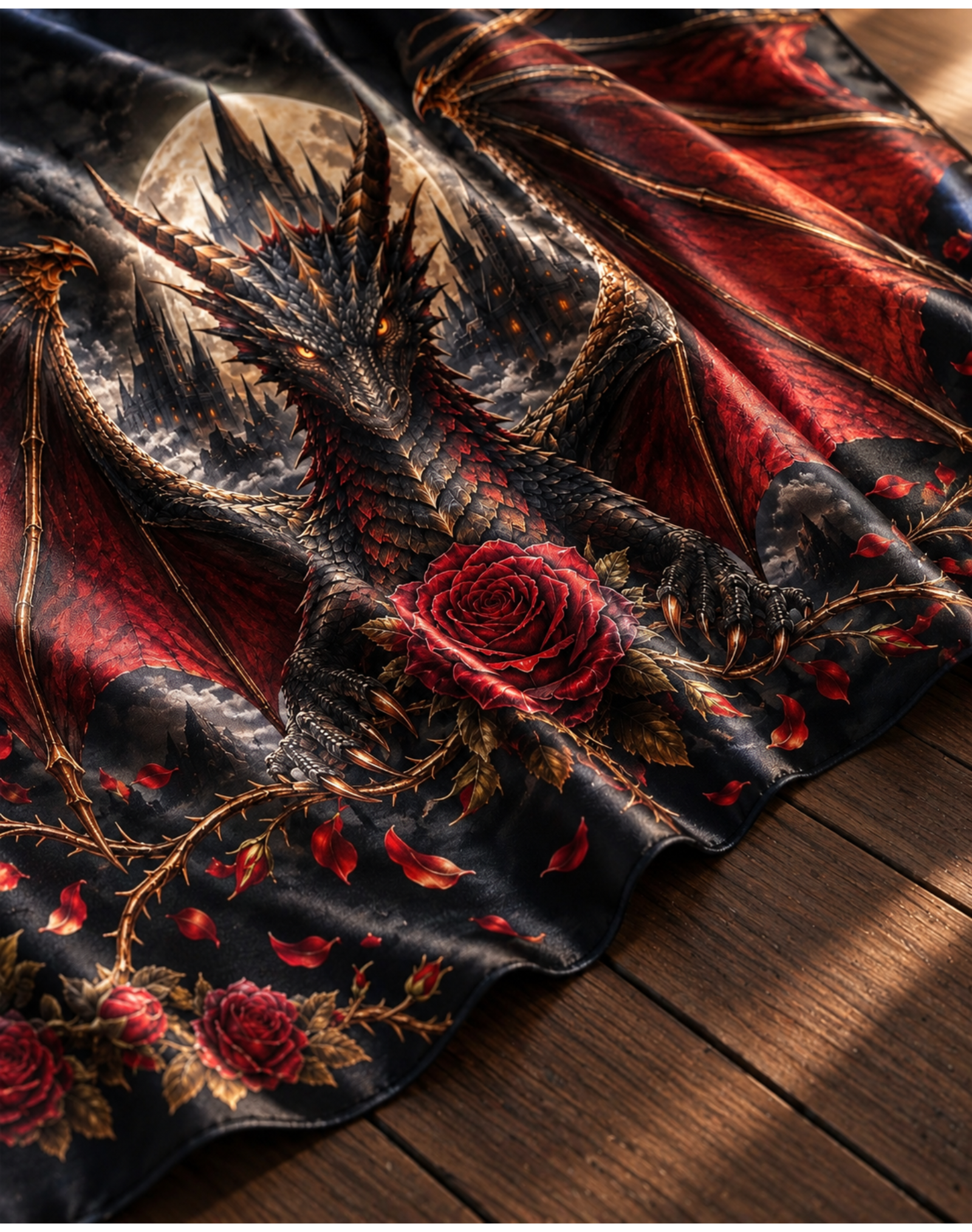 Majestic Black Red Wing Dragon Rose Moon Satin Shawl