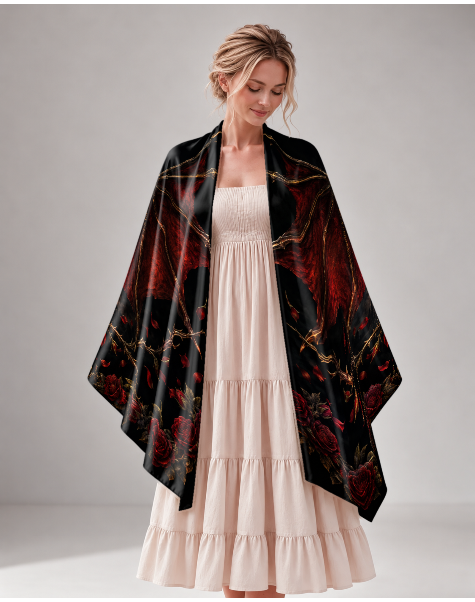 Majestic Black Red Wing Dragon Rose Moon Satin Shawl