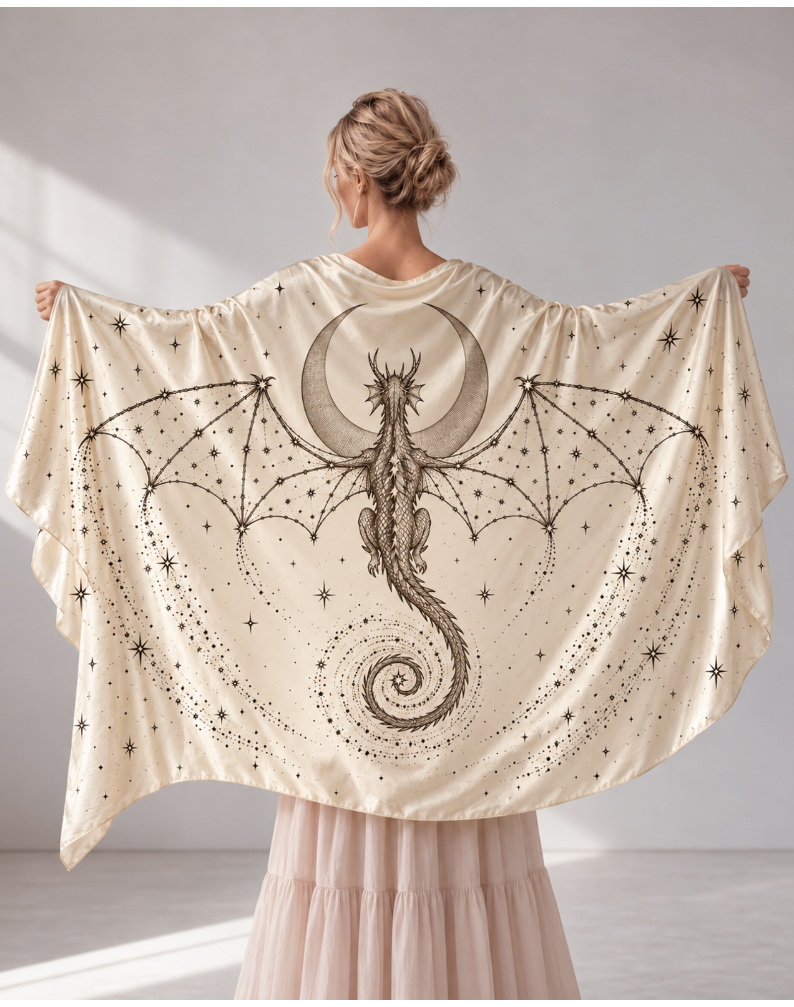 Cream Celestial Line Art Dragon Moon Satin Shawl