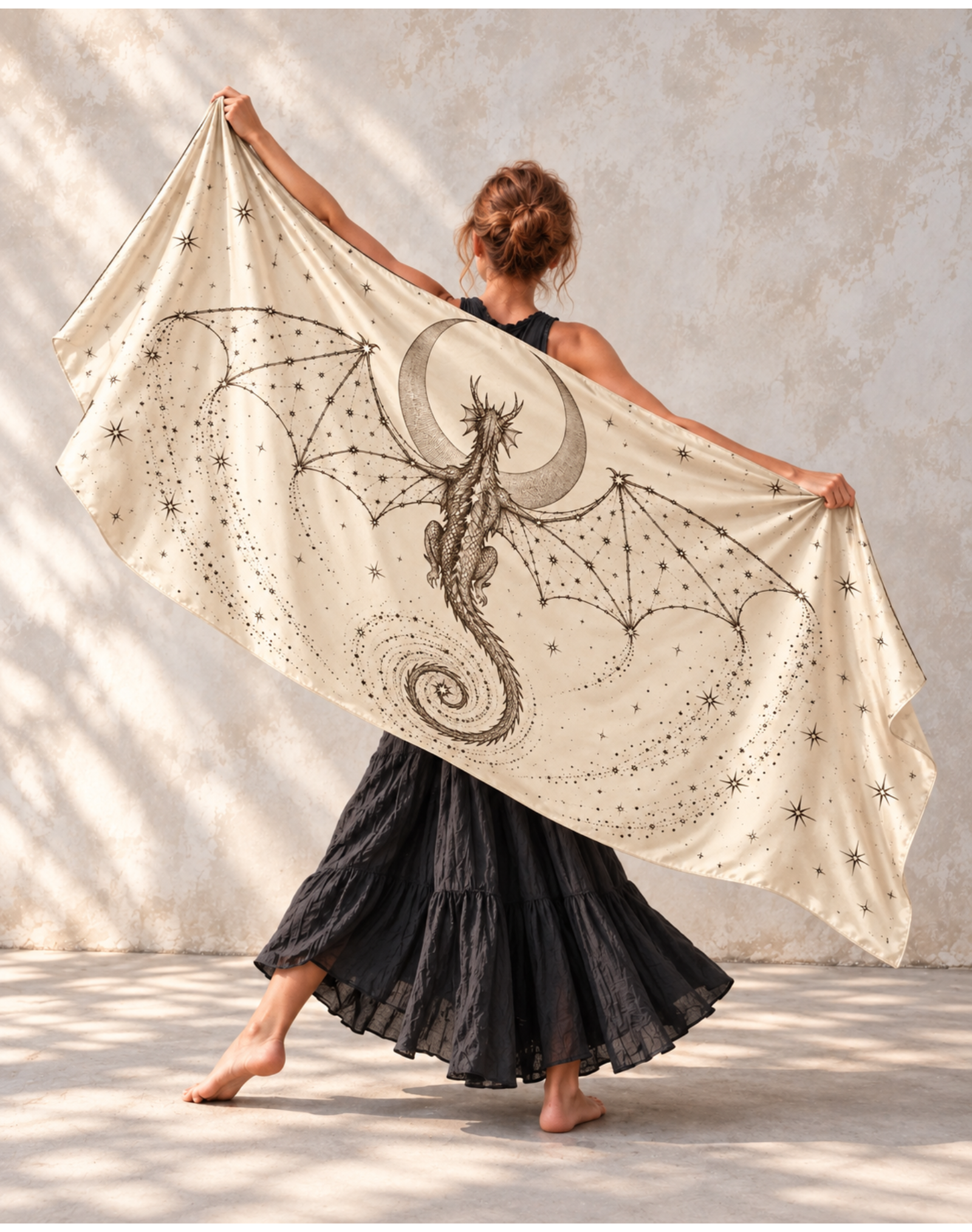 Cream Celestial Line Art Dragon Moon Satin Shawl