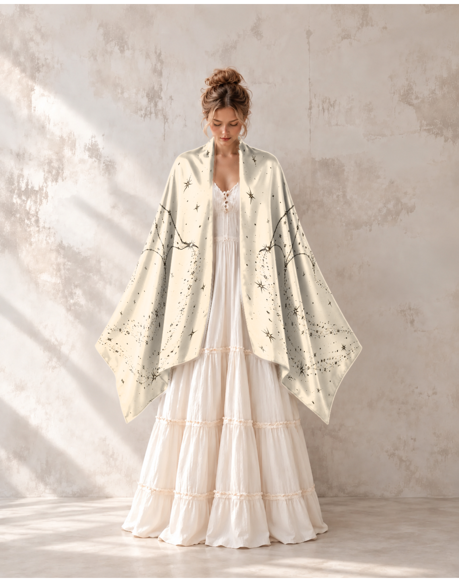 Cream Celestial Line Art Dragon Moon Satin Shawl