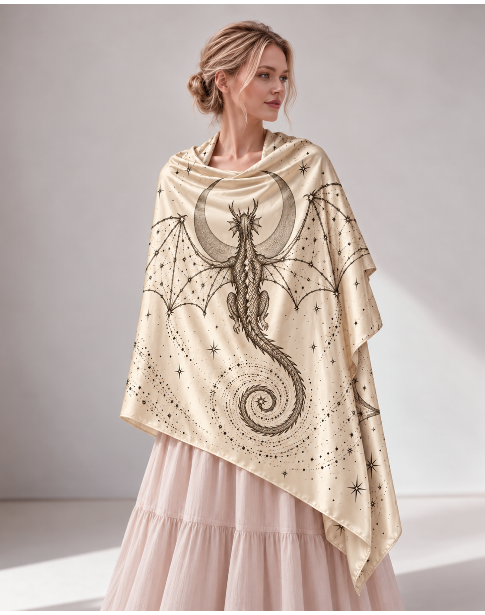 Cream Celestial Line Art Dragon Moon Satin Shawl