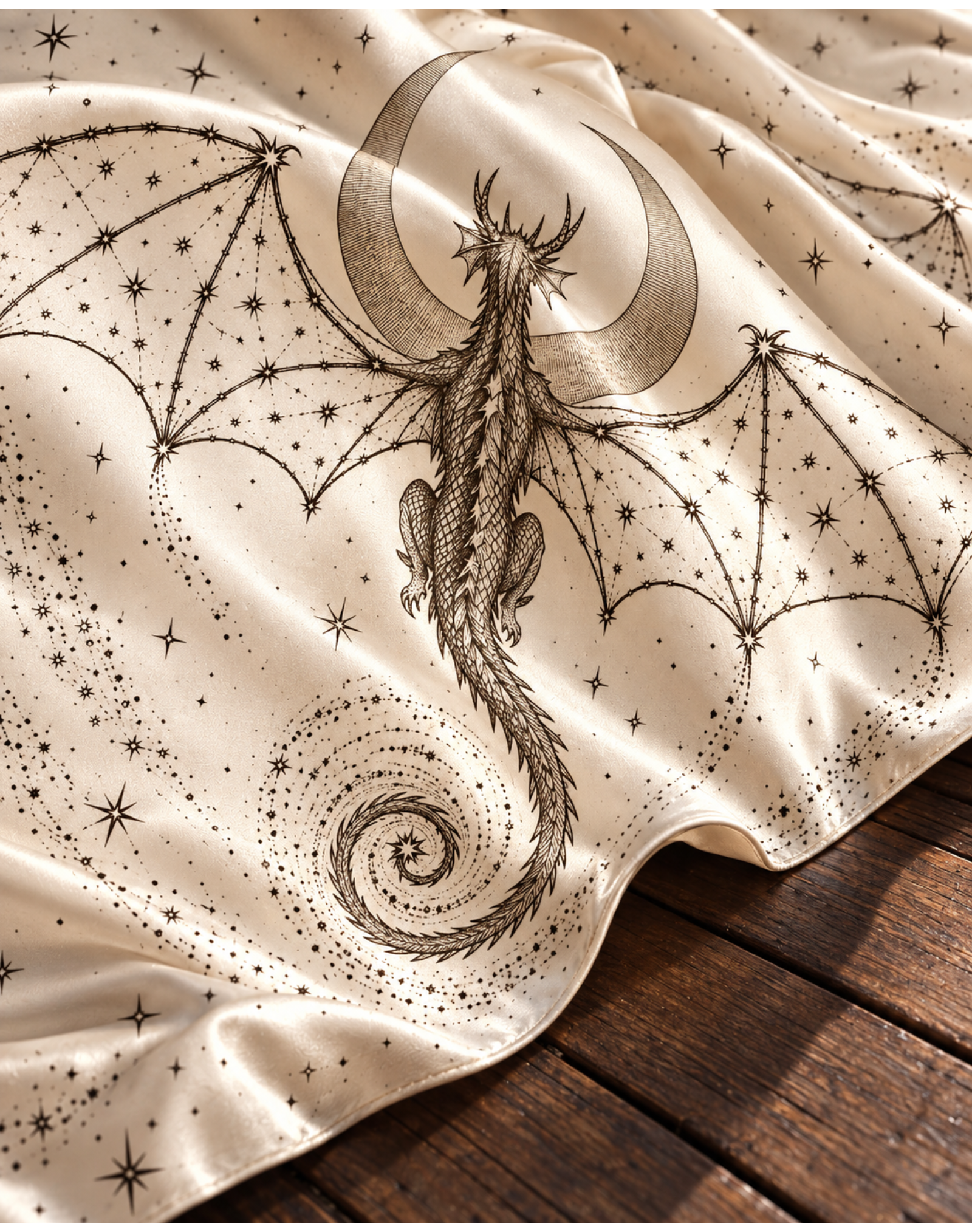 Cream Celestial Line Art Dragon Moon Satin Shawl