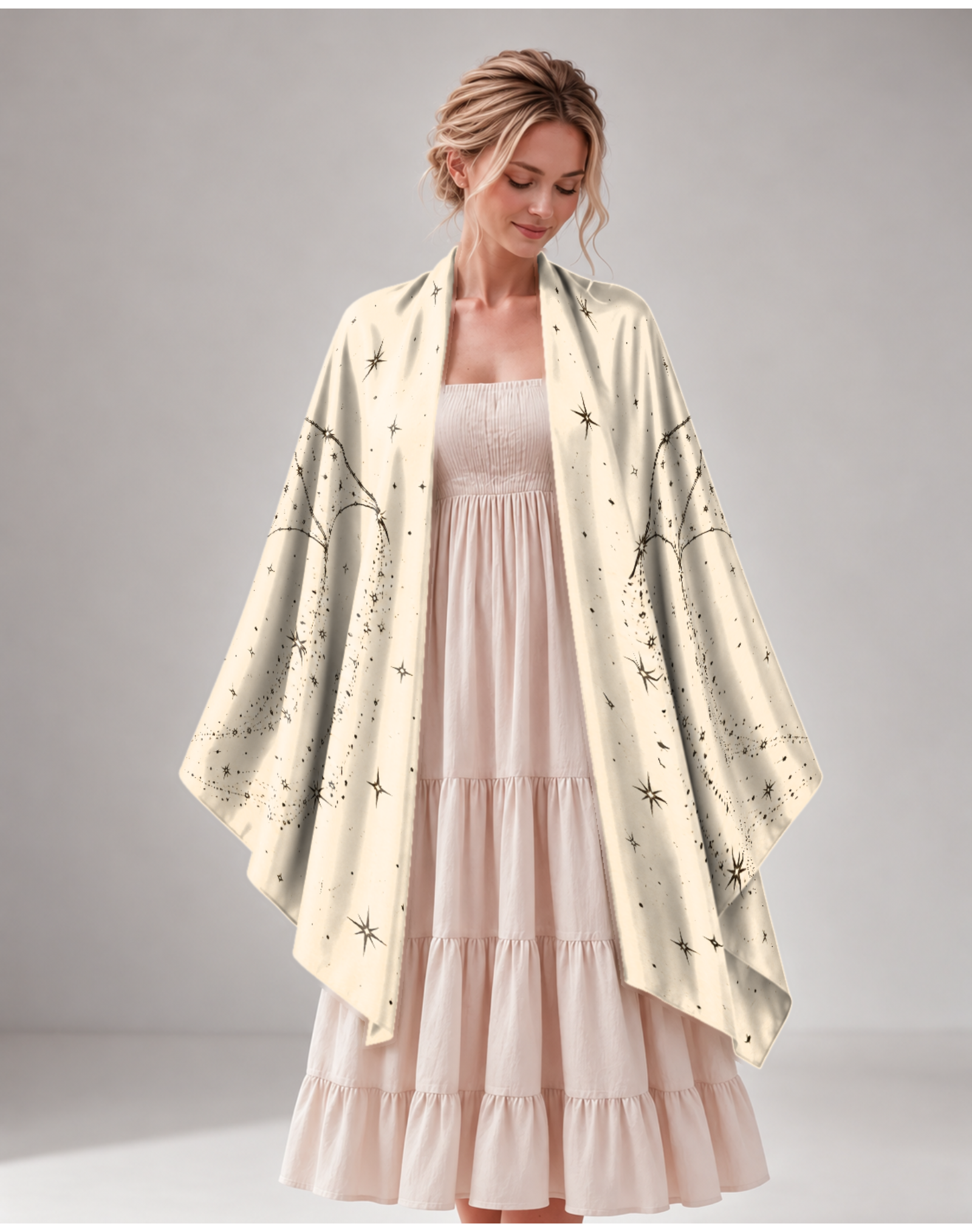 Cream Celestial Line Art Dragon Moon Satin Shawl