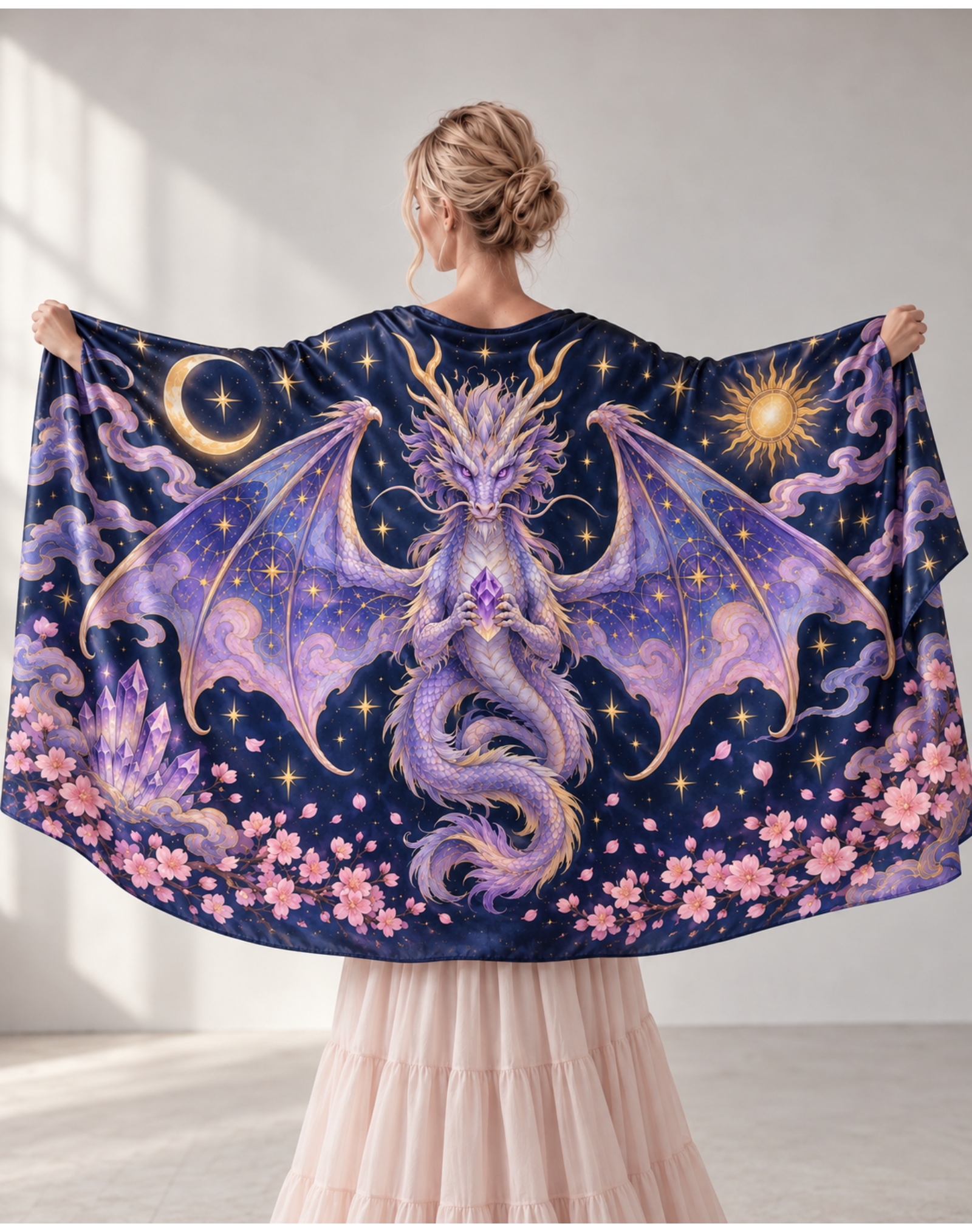 Celestial Sun Moon Witchy Dragon Floral Wrap