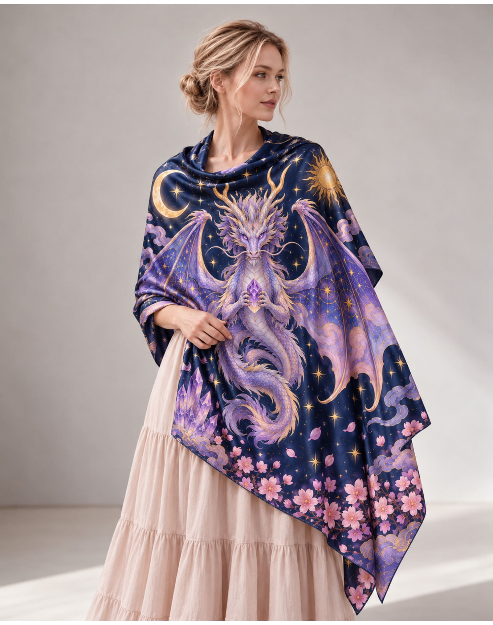 Celestial Sun Moon Witchy Dragon Floral Wrap