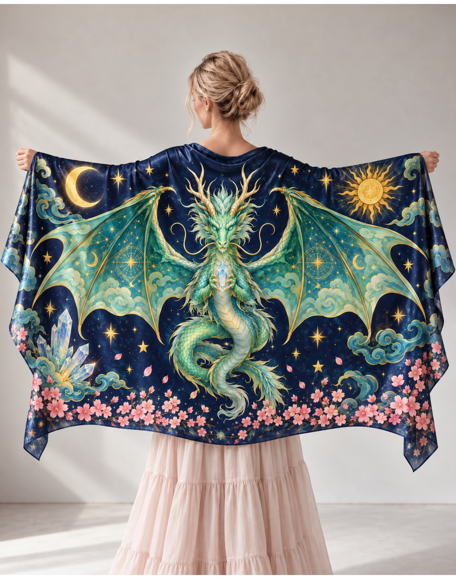 Emerald Green Jade Dragon Clear Crystal Sakura Satin Shawl