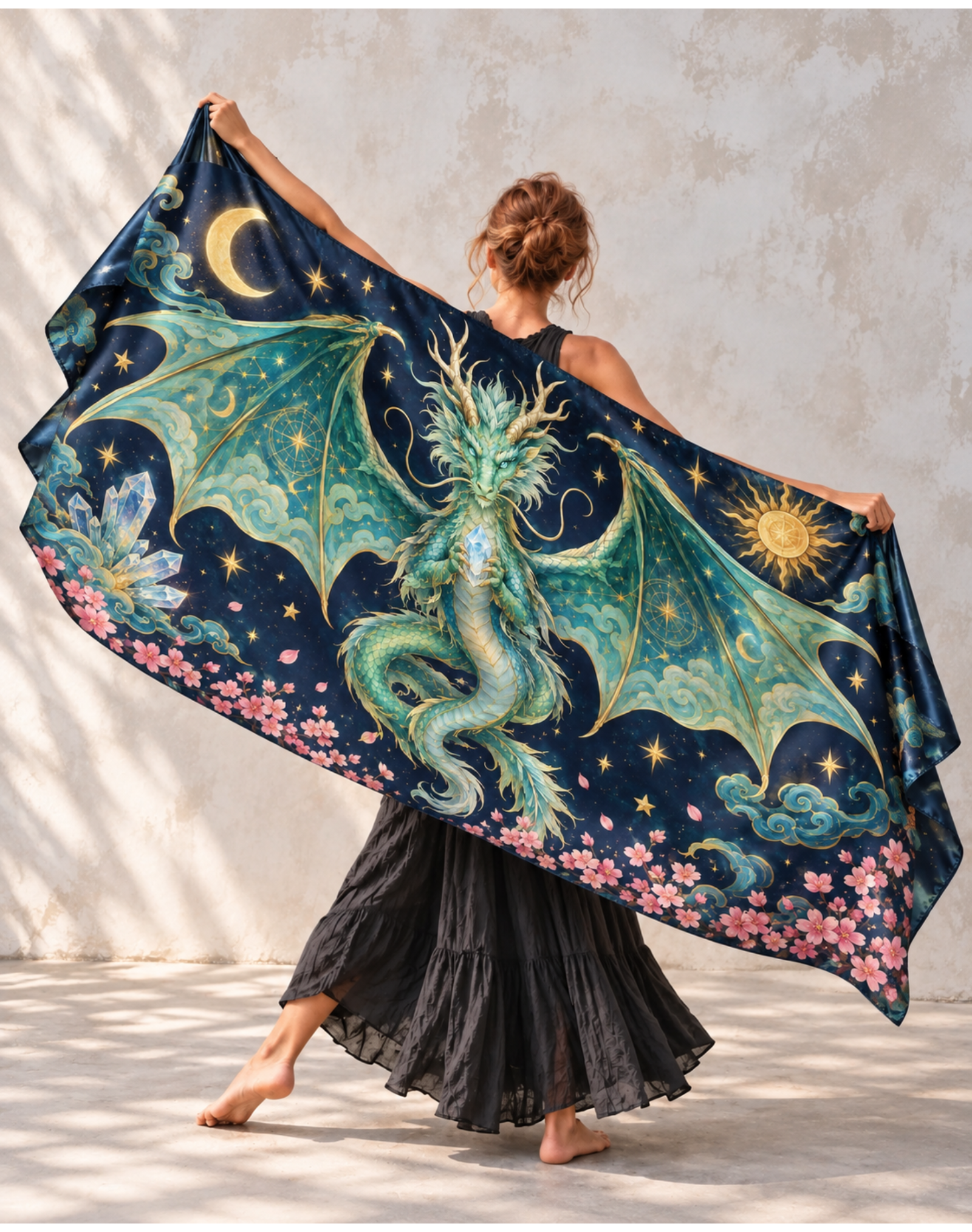 Emerald Green Jade Dragon Clear Crystal Sakura Satin Shawl