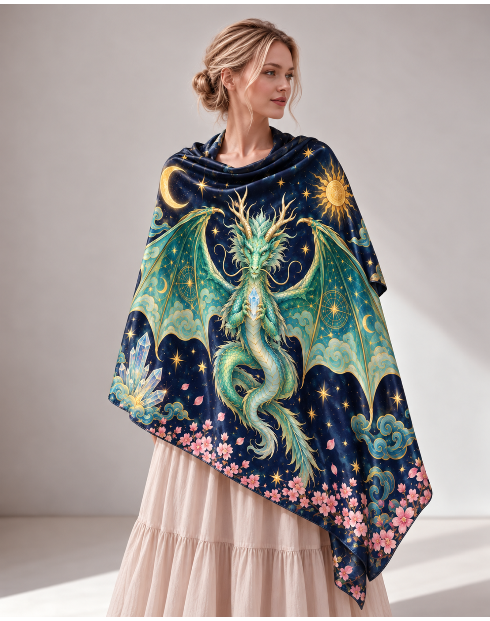 Emerald Green Jade Dragon Clear Crystal Sakura Satin Shawl