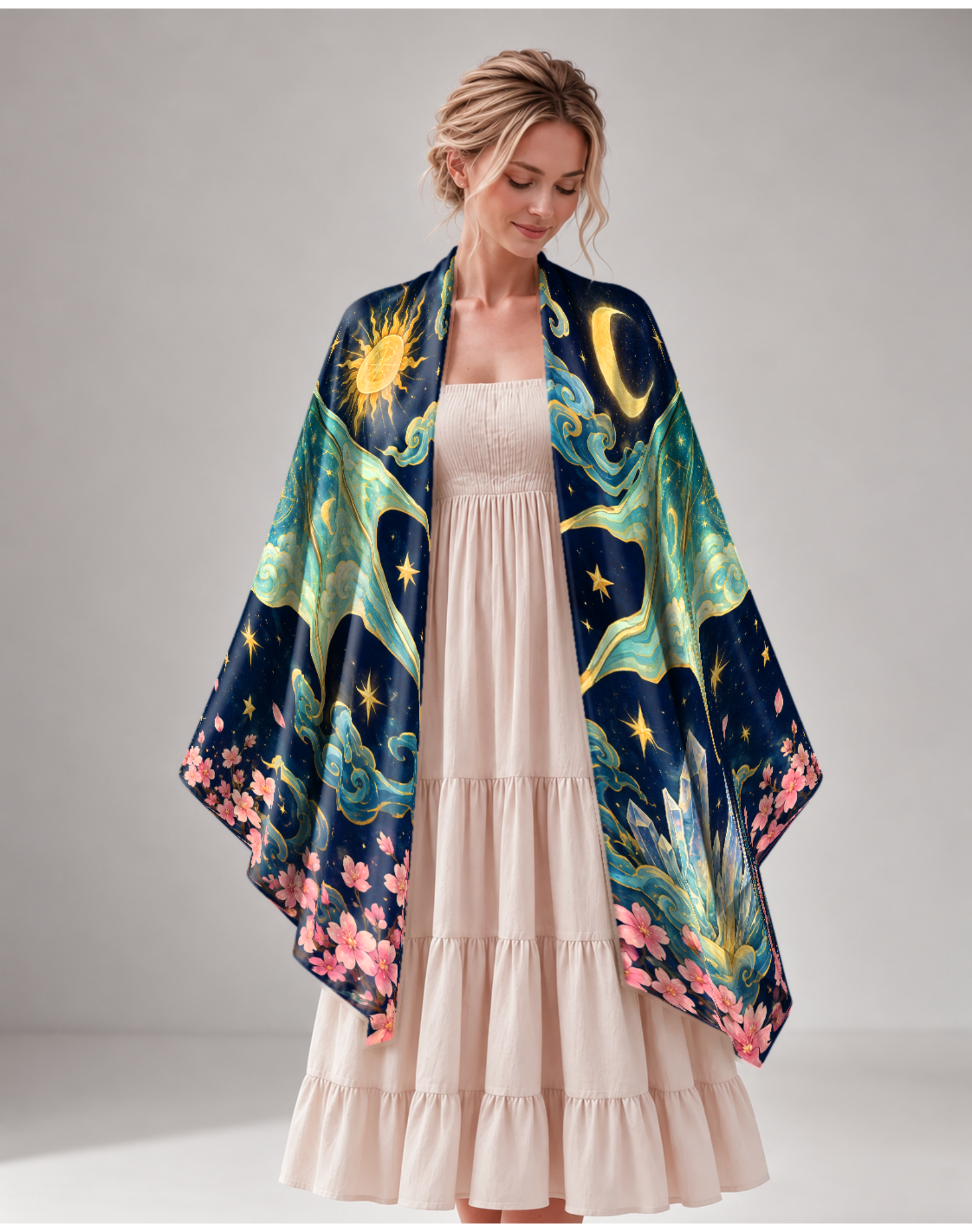 Emerald Green Jade Dragon Clear Crystal Sakura Satin Shawl