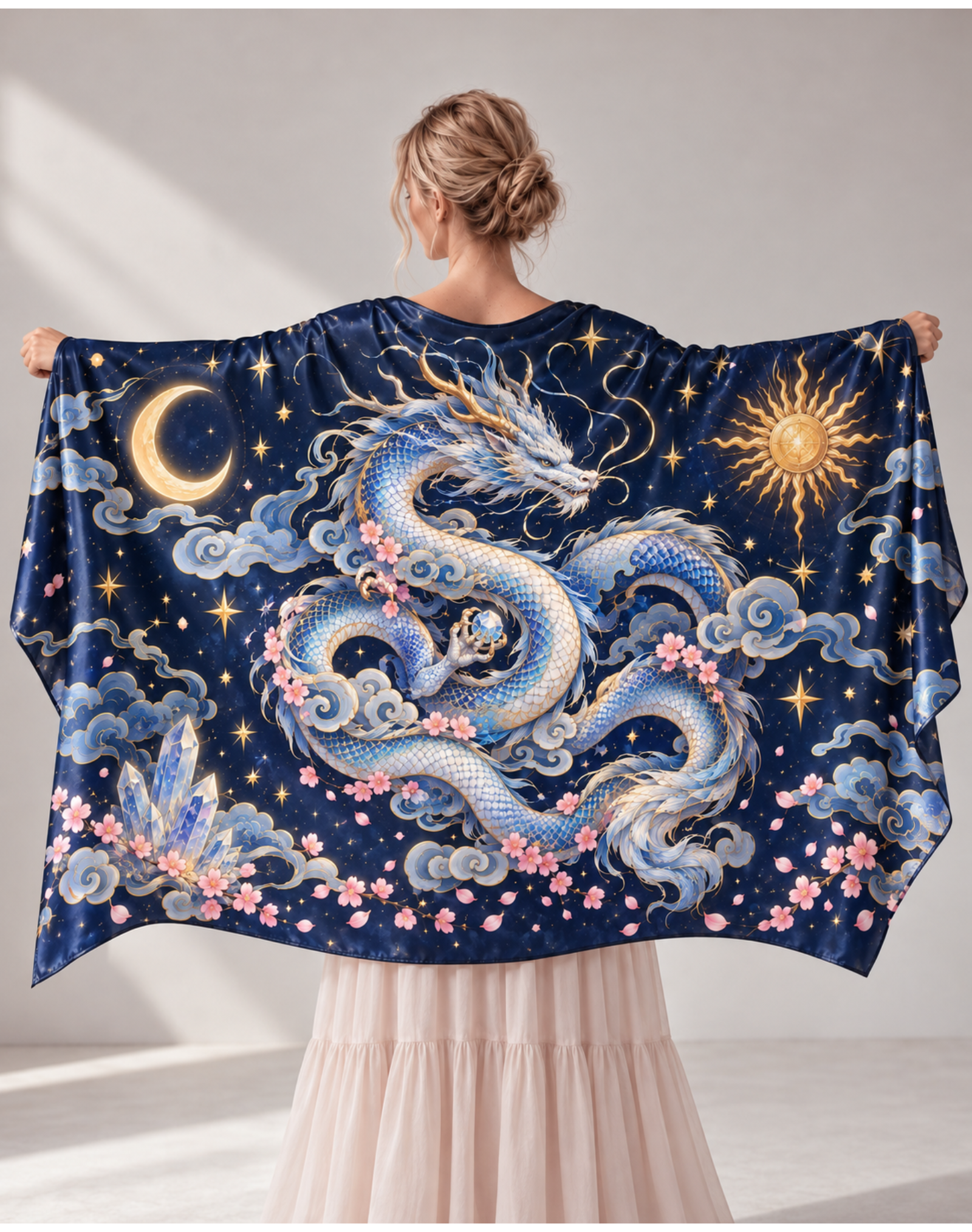 Celestial Sun Moon Cloud Dragon Floral Wrap
