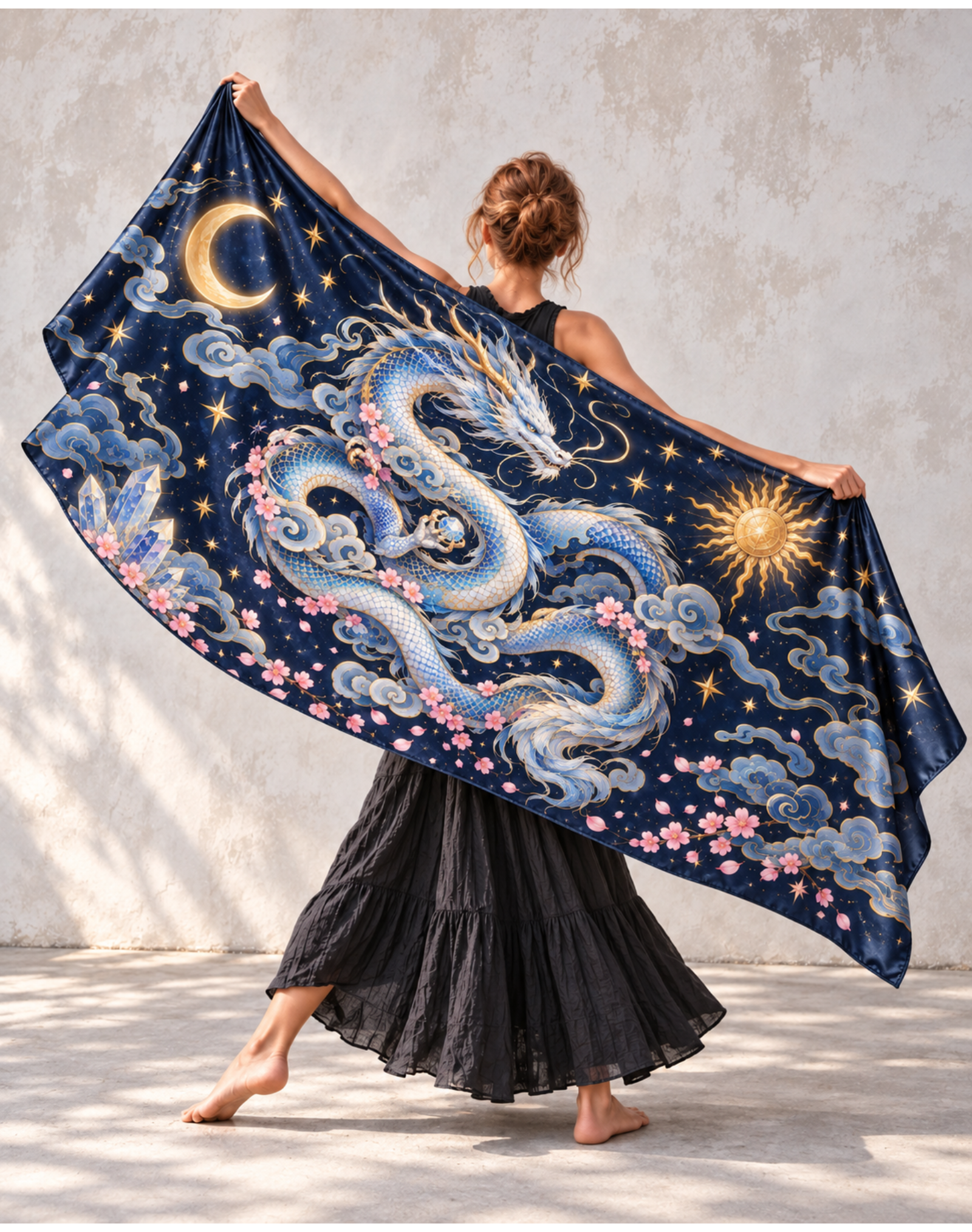 Celestial Sun Moon Cloud Dragon Floral Wrap