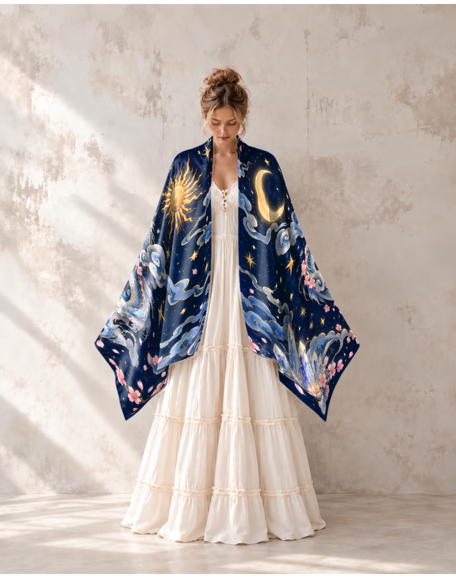 Celestial Sun Moon Cloud Dragon Floral Wrap