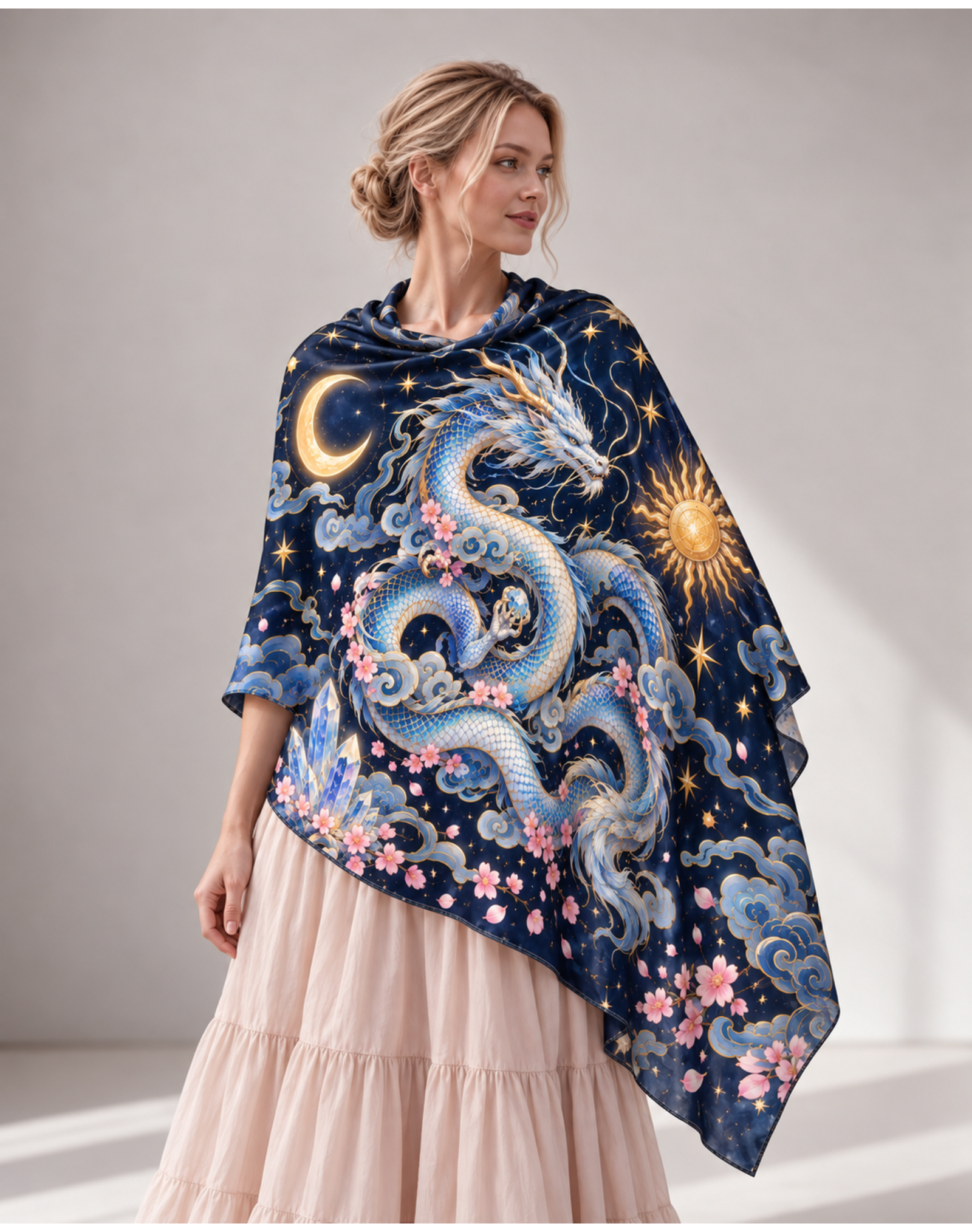 Celestial Sun Moon Cloud Dragon Floral Wrap