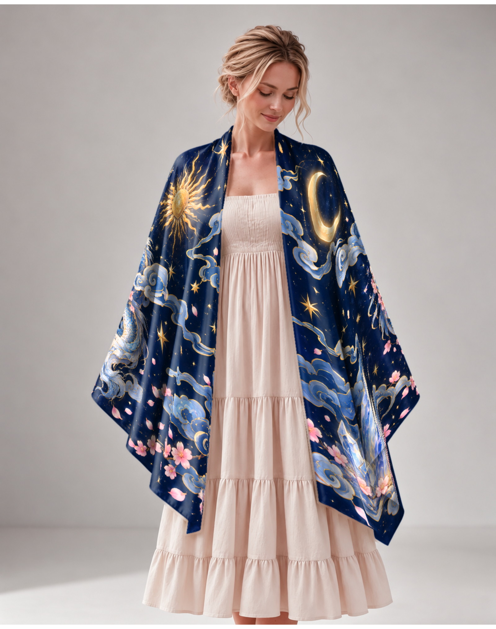 Celestial Sun Moon Cloud Dragon Floral Wrap