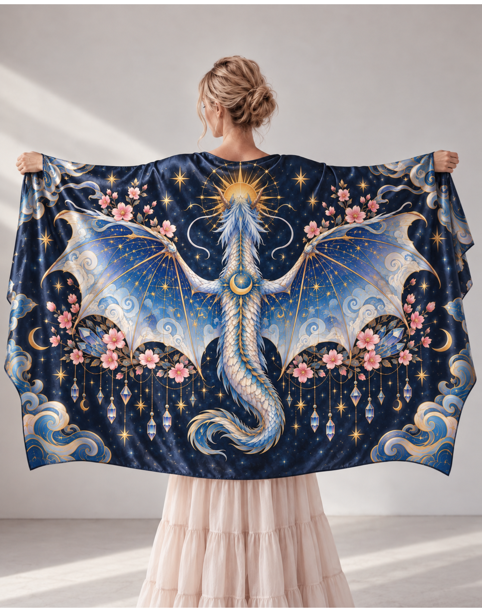 Holy Star Wing Ice Blue Dragon Crystal Sakura Satin Shawl