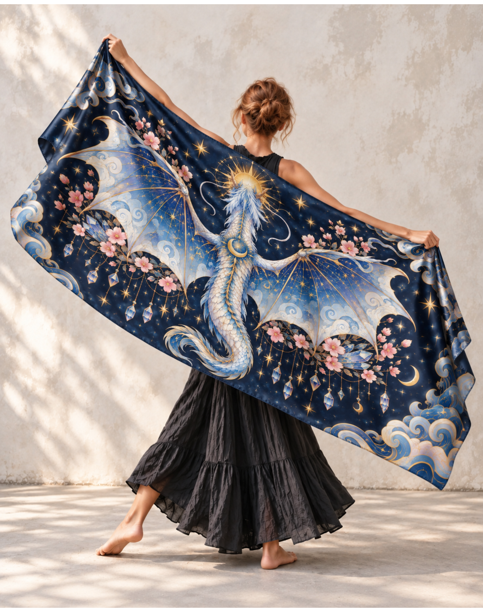 Holy Star Wing Ice Blue Dragon Crystal Sakura Satin Shawl