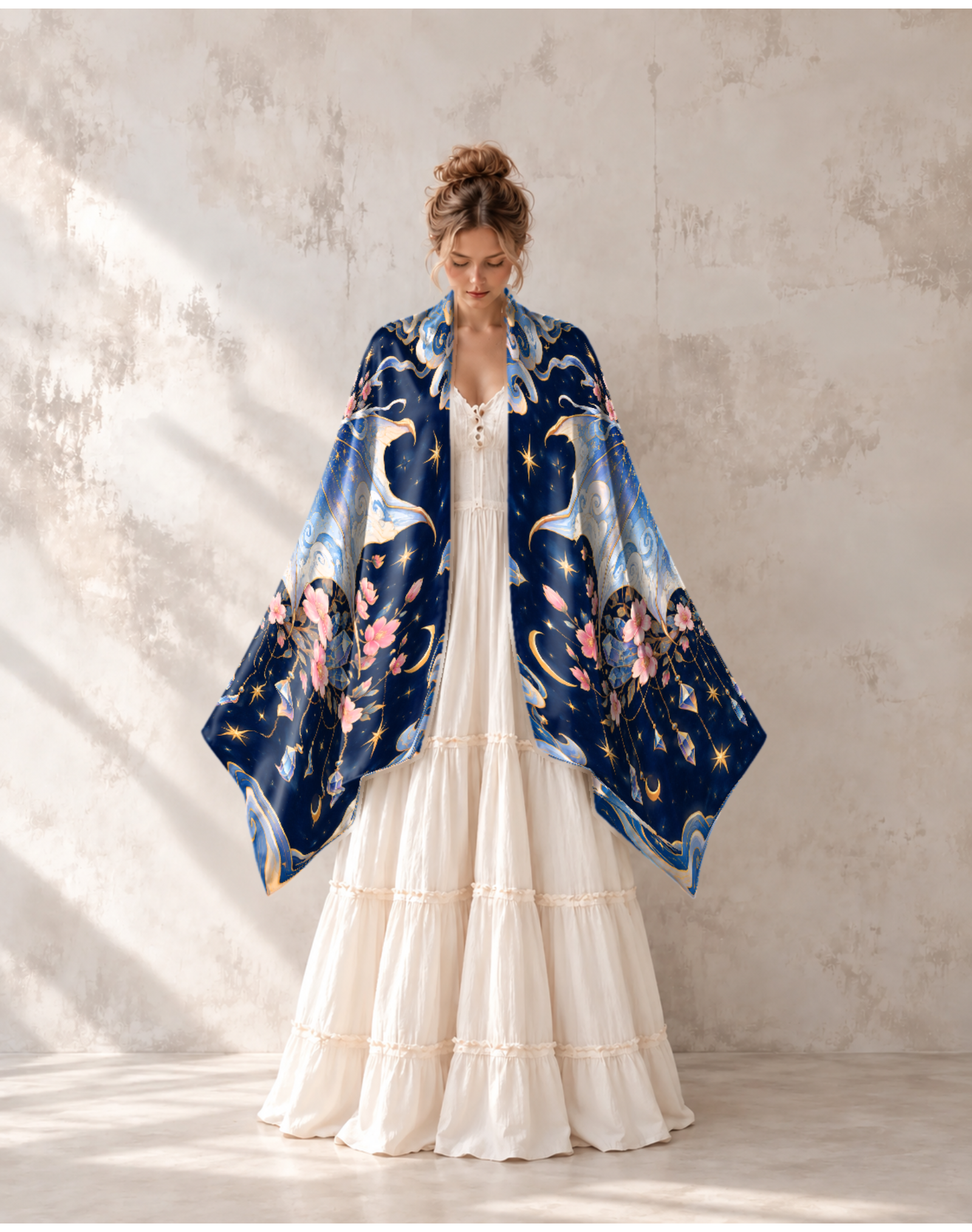 Holy Star Wing Ice Blue Dragon Crystal Sakura Satin Shawl