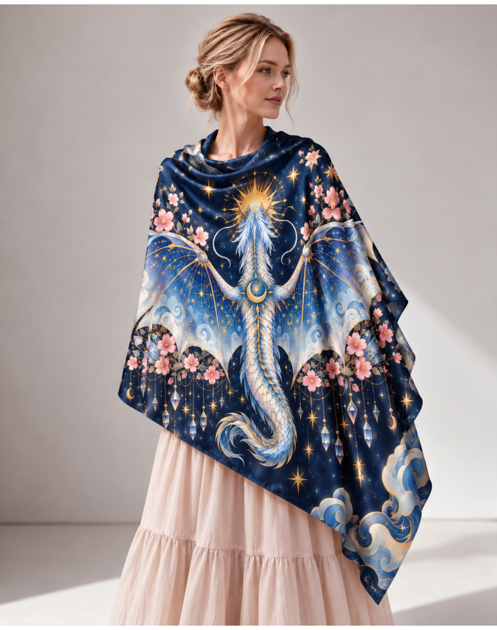 Holy Star Wing Ice Blue Dragon Crystal Sakura Satin Shawl