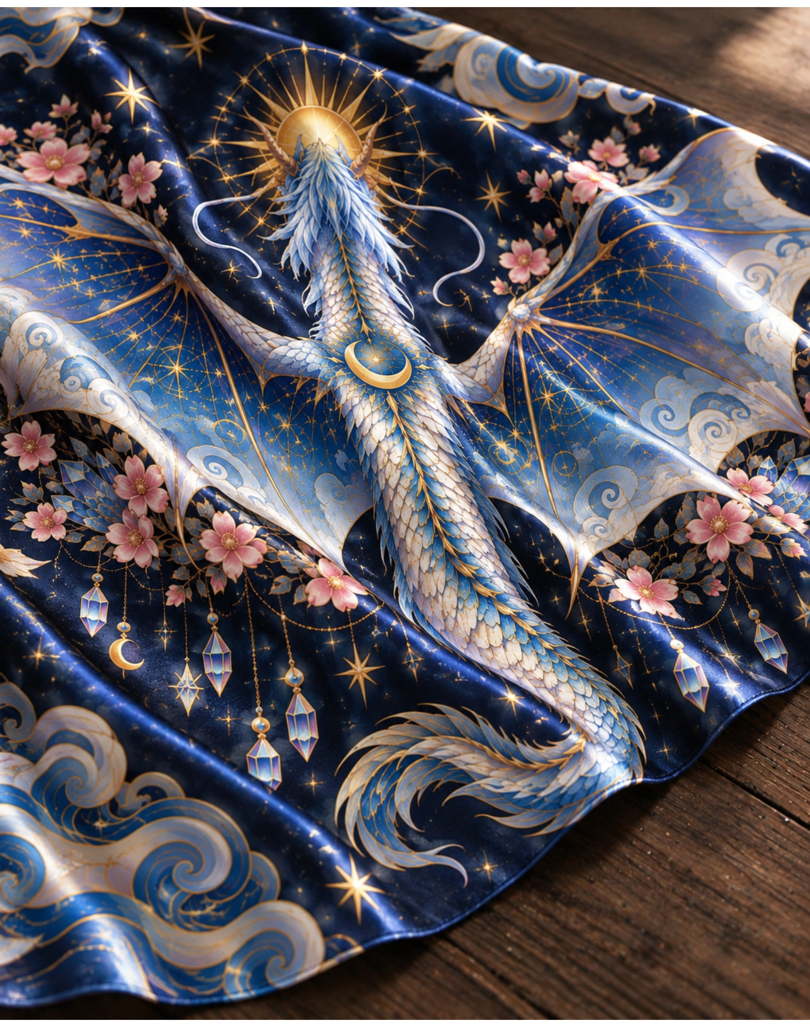 Holy Star Wing Ice Blue Dragon Crystal Sakura Satin Shawl