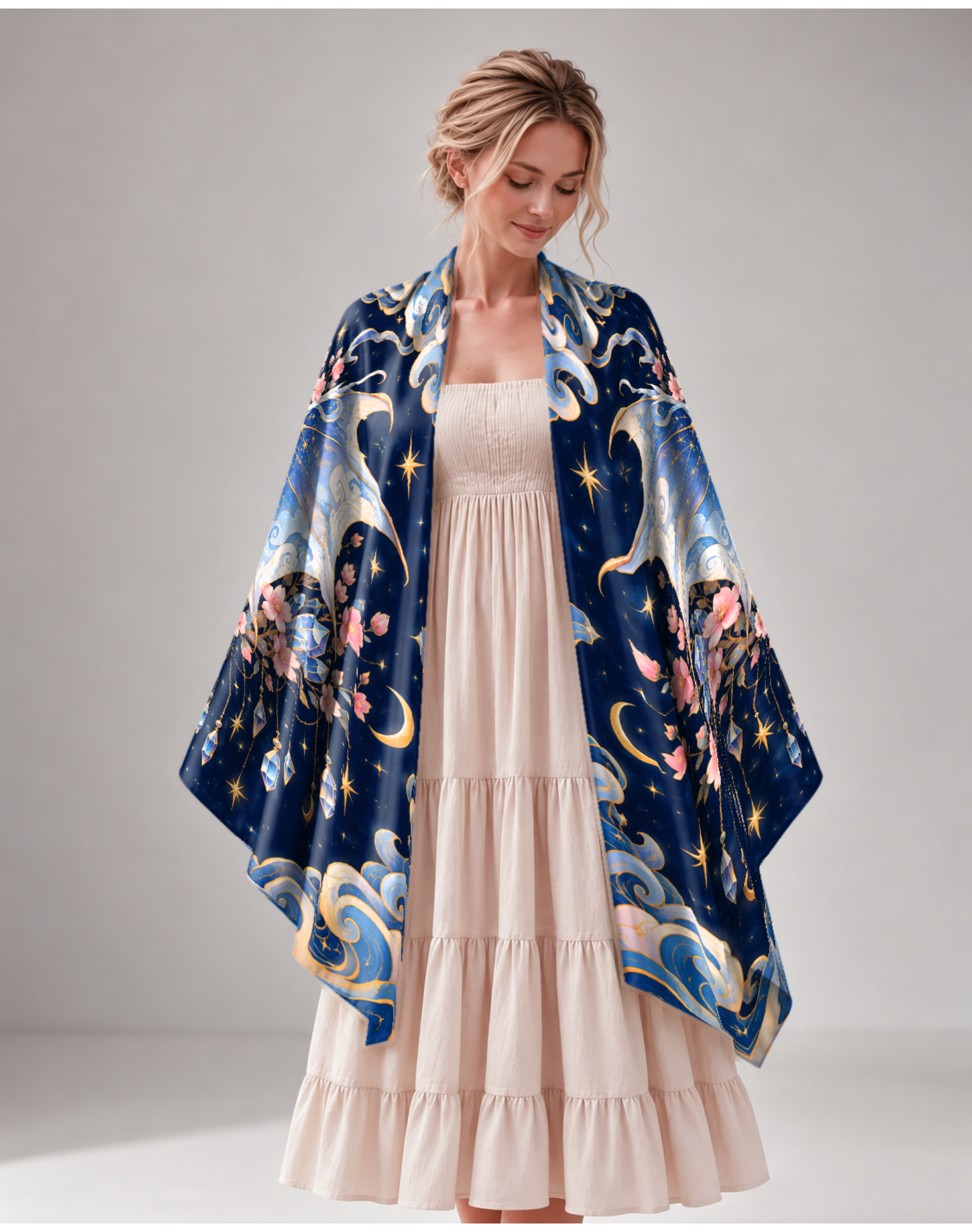 Holy Star Wing Ice Blue Dragon Crystal Sakura Satin Shawl