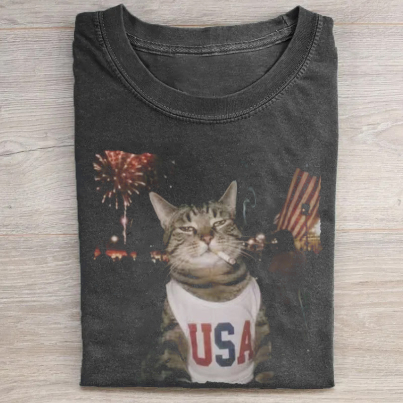 Patriotic Smoking Cat T-Shirt Dark Grey