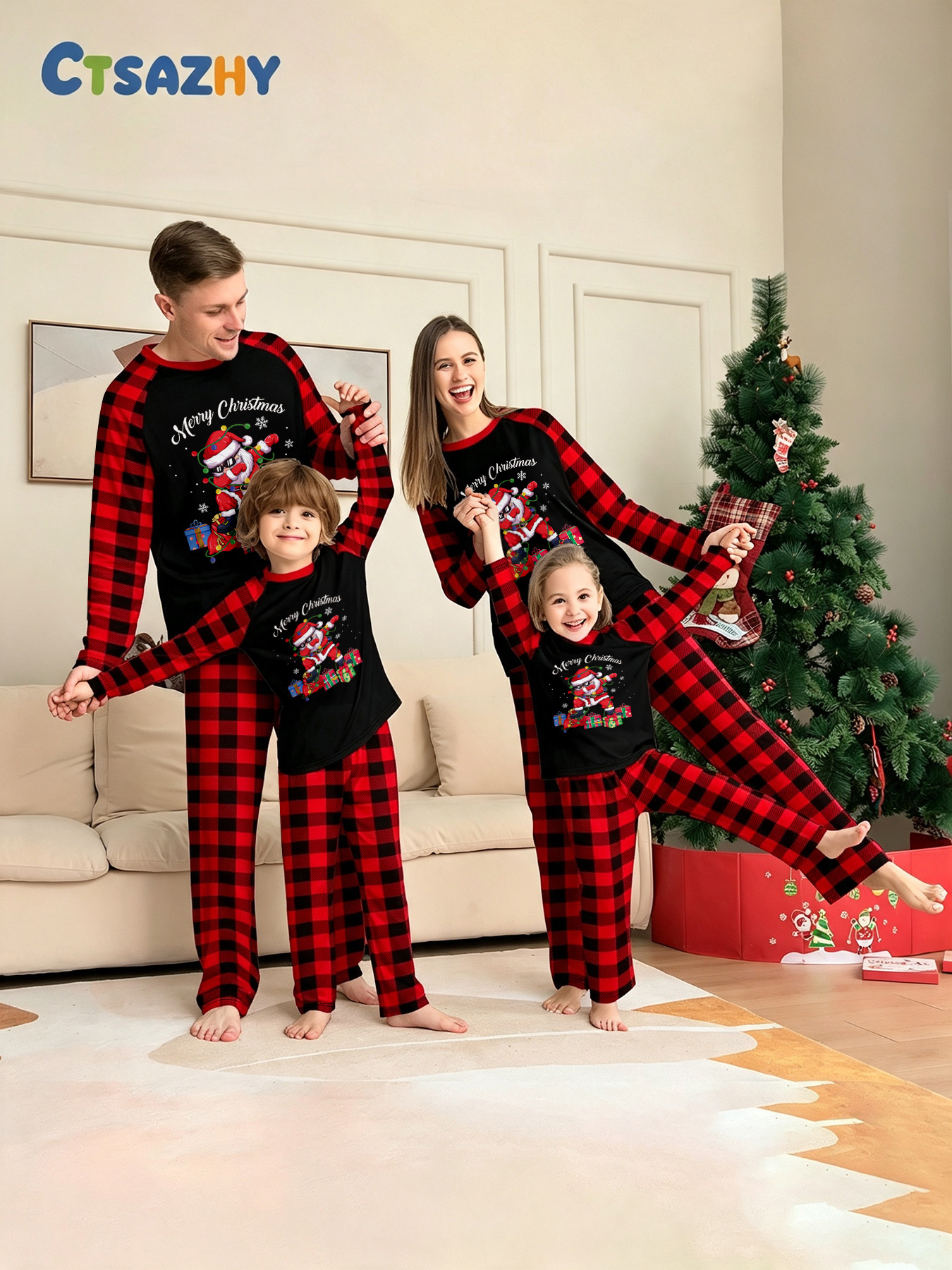 Red‑Black Plaid Santa Gift Print Family Matching Pajamas