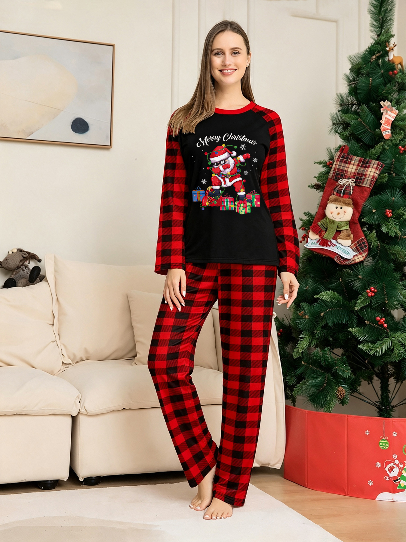 Red‑Black Plaid Santa Gift Print Family Matching Pajamas