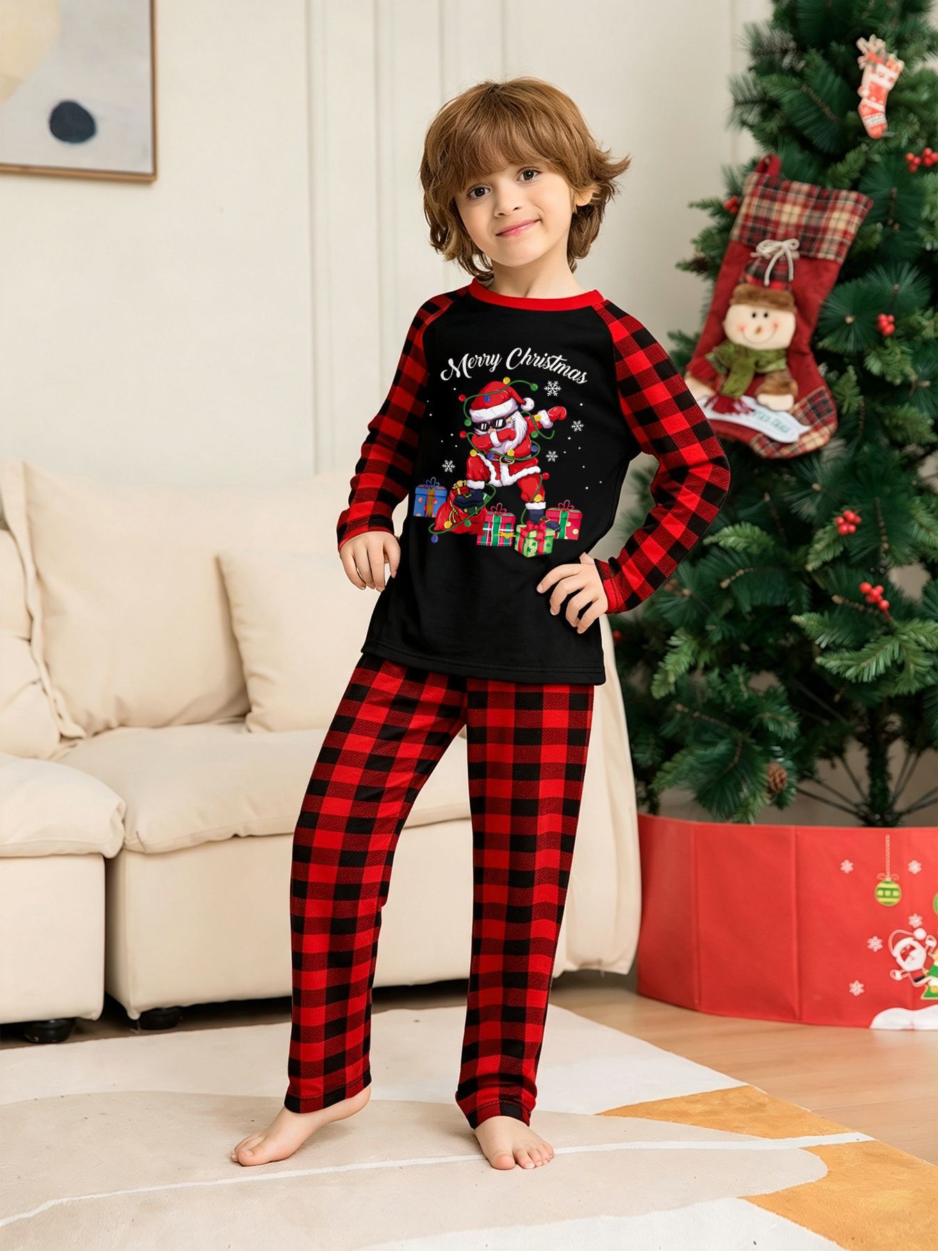 Red‑Black Plaid Santa Gift Print Family Matching Pajamas
