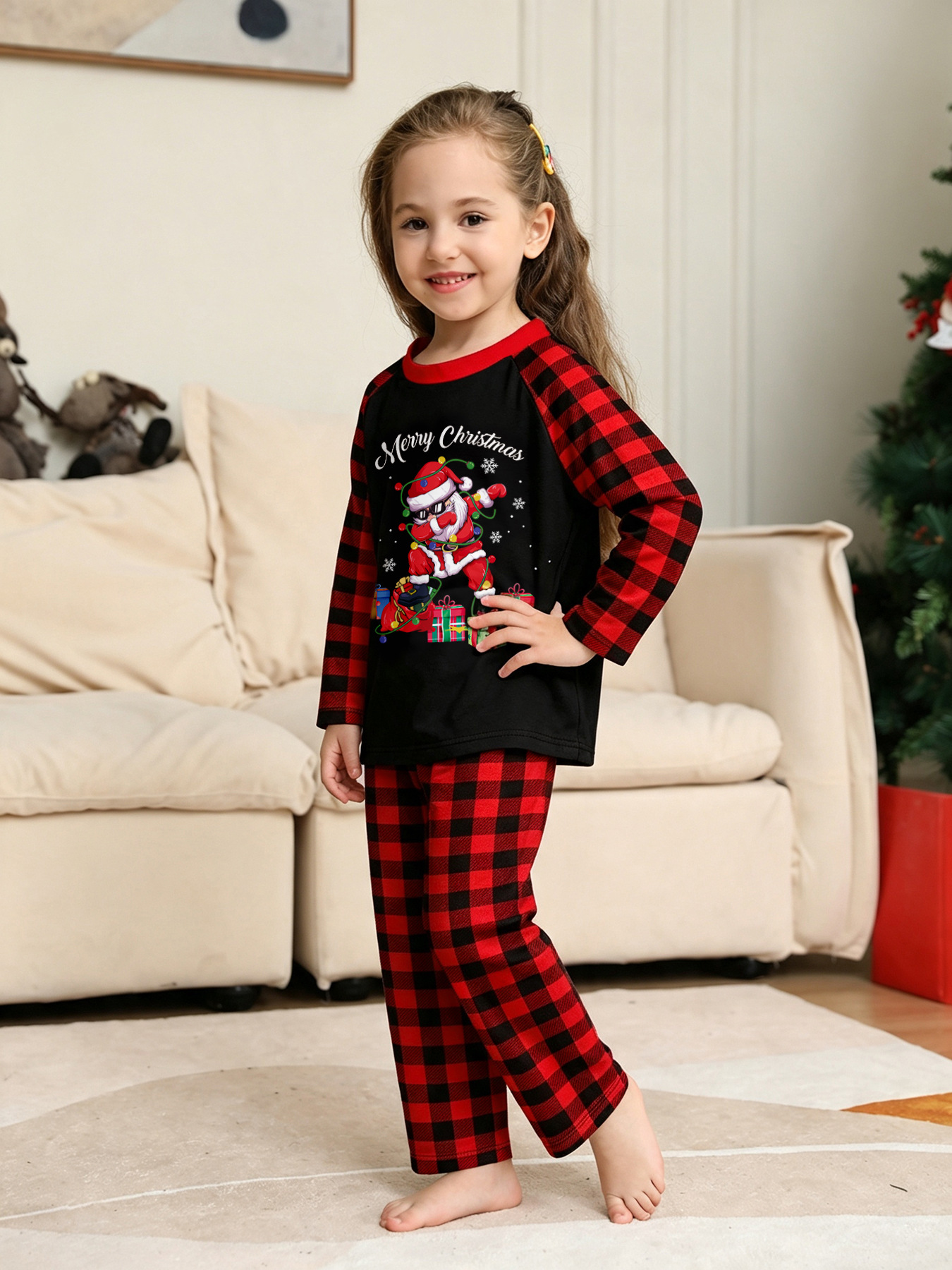 Red‑Black Plaid Santa Gift Print Family Matching Pajamas