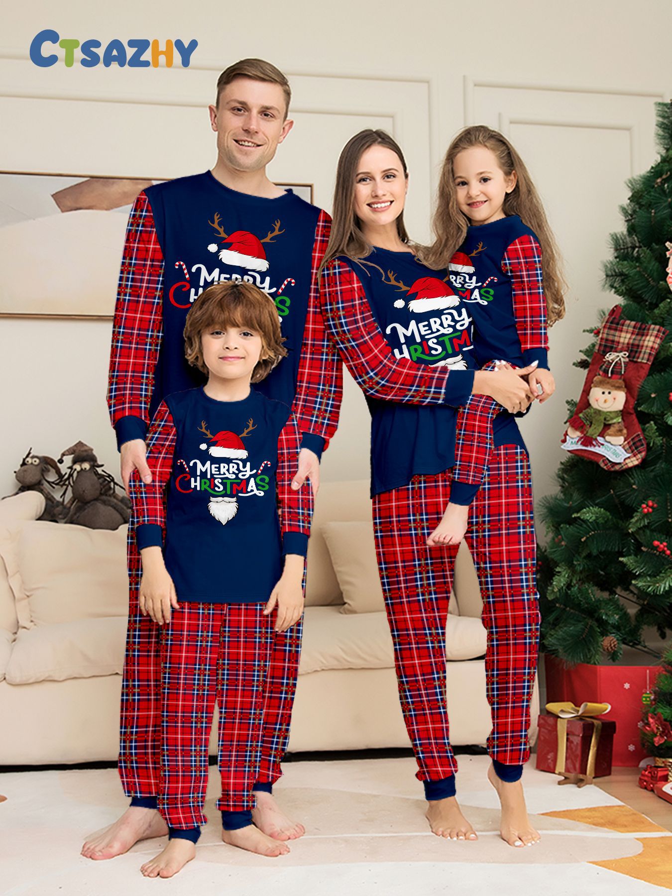 Navy Red‑Plaid Spliced Christmas Letter Family Pajamas