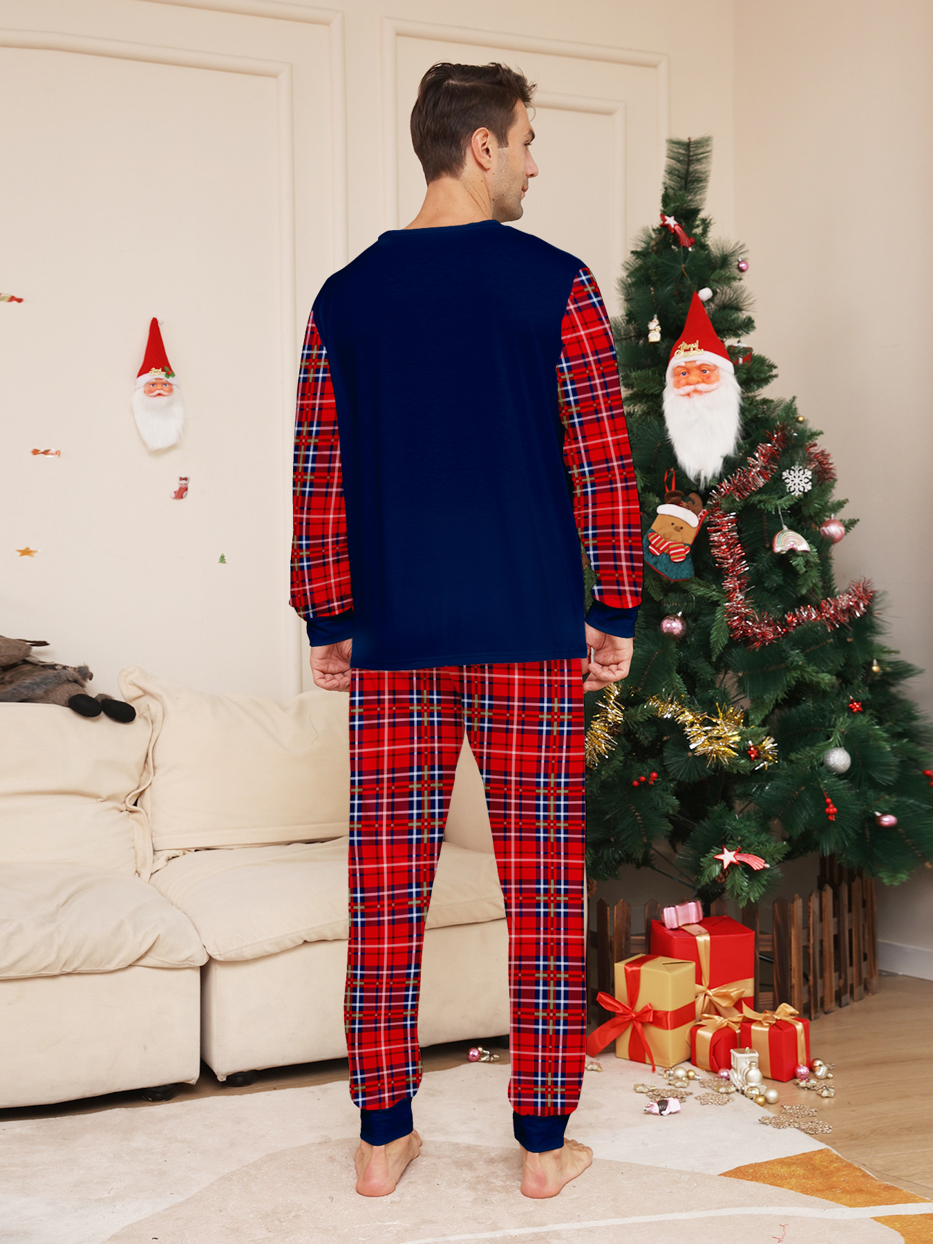 Navy Red‑Plaid Spliced Christmas Letter Family Pajamas