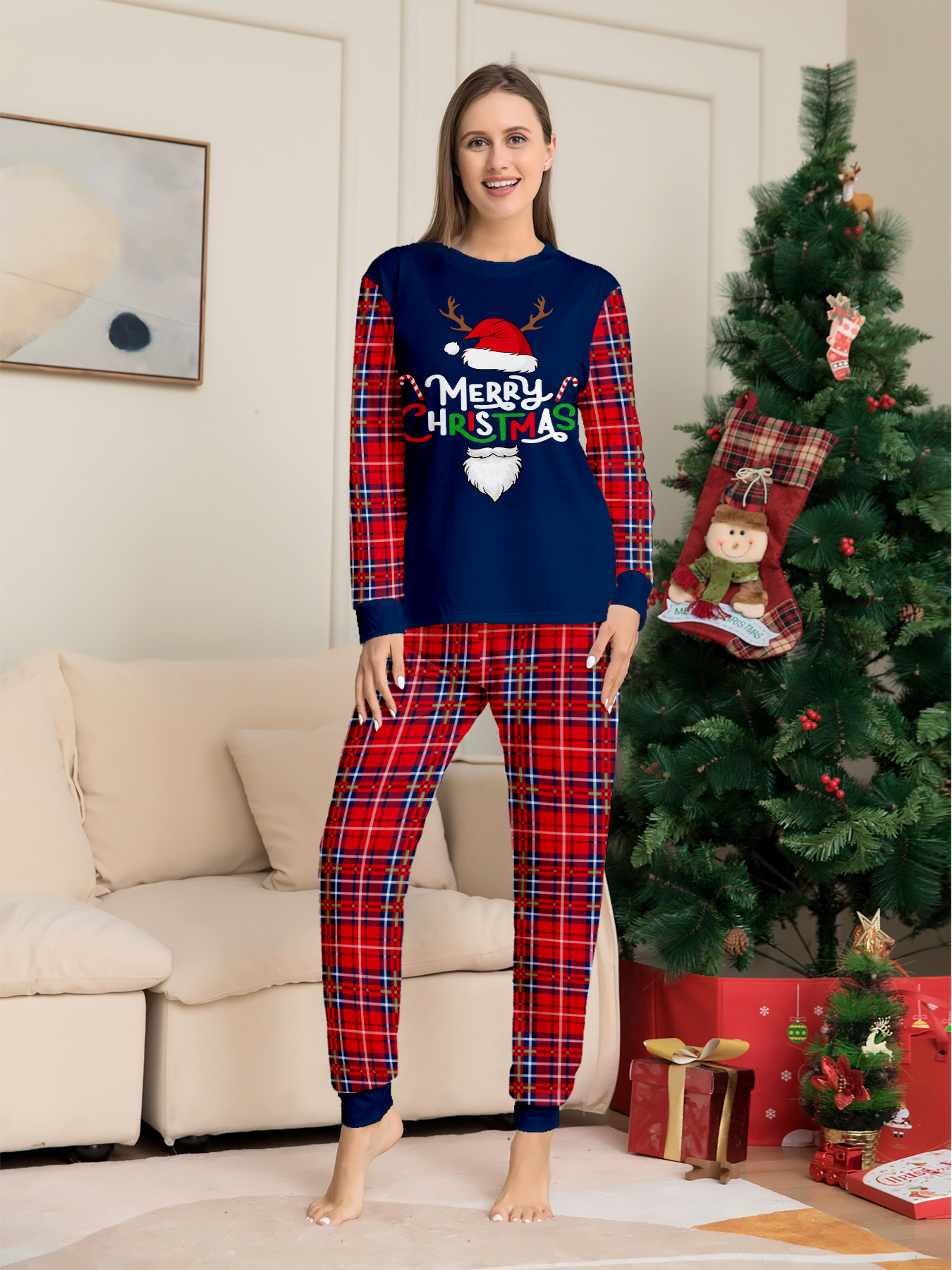 Navy Red‑Plaid Spliced Christmas Letter Family Pajamas