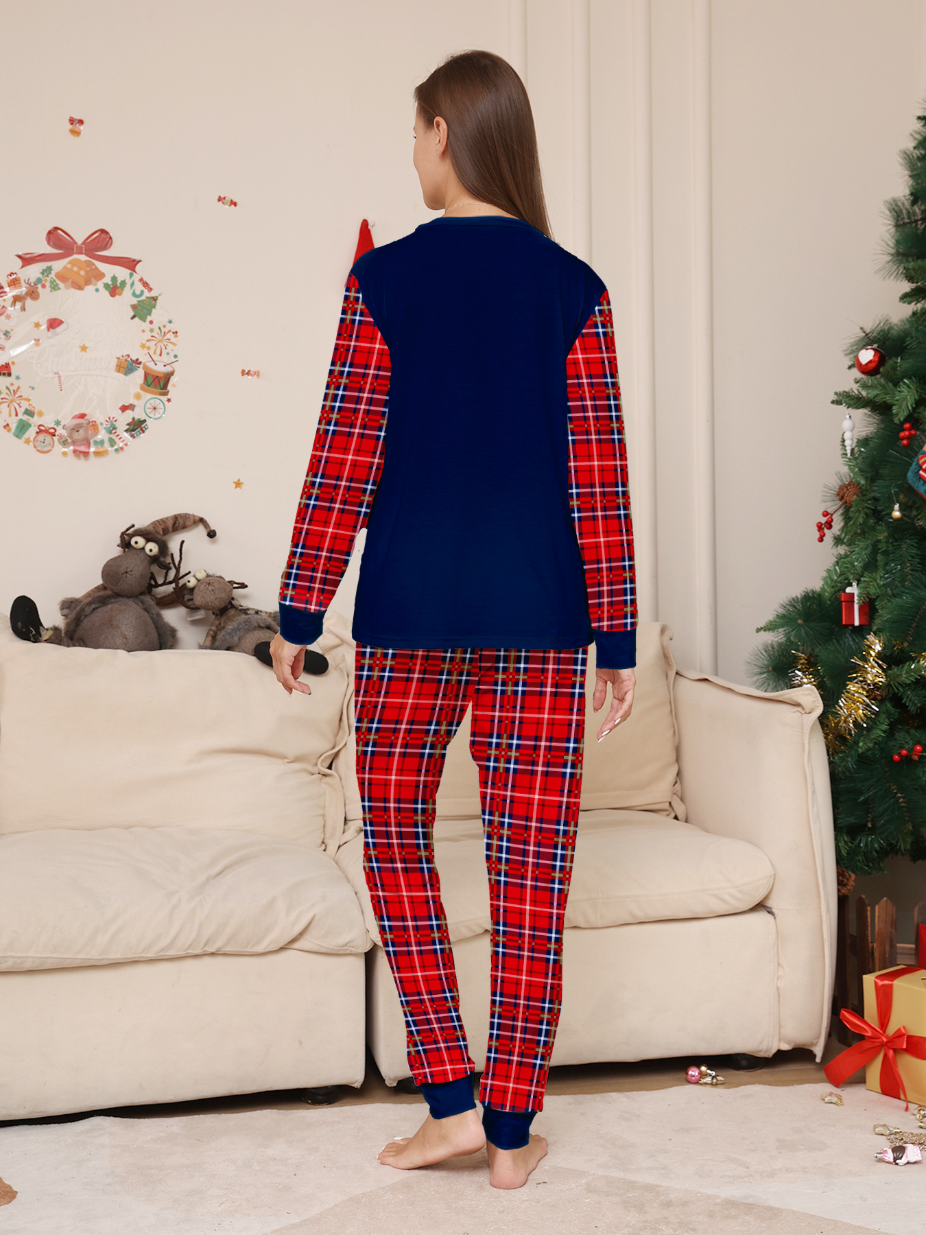 Navy Red‑Plaid Spliced Christmas Letter Family Pajamas