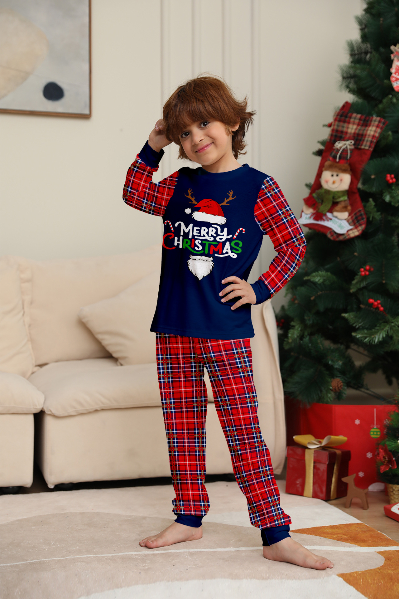 Navy Red‑Plaid Spliced Christmas Letter Family Pajamas