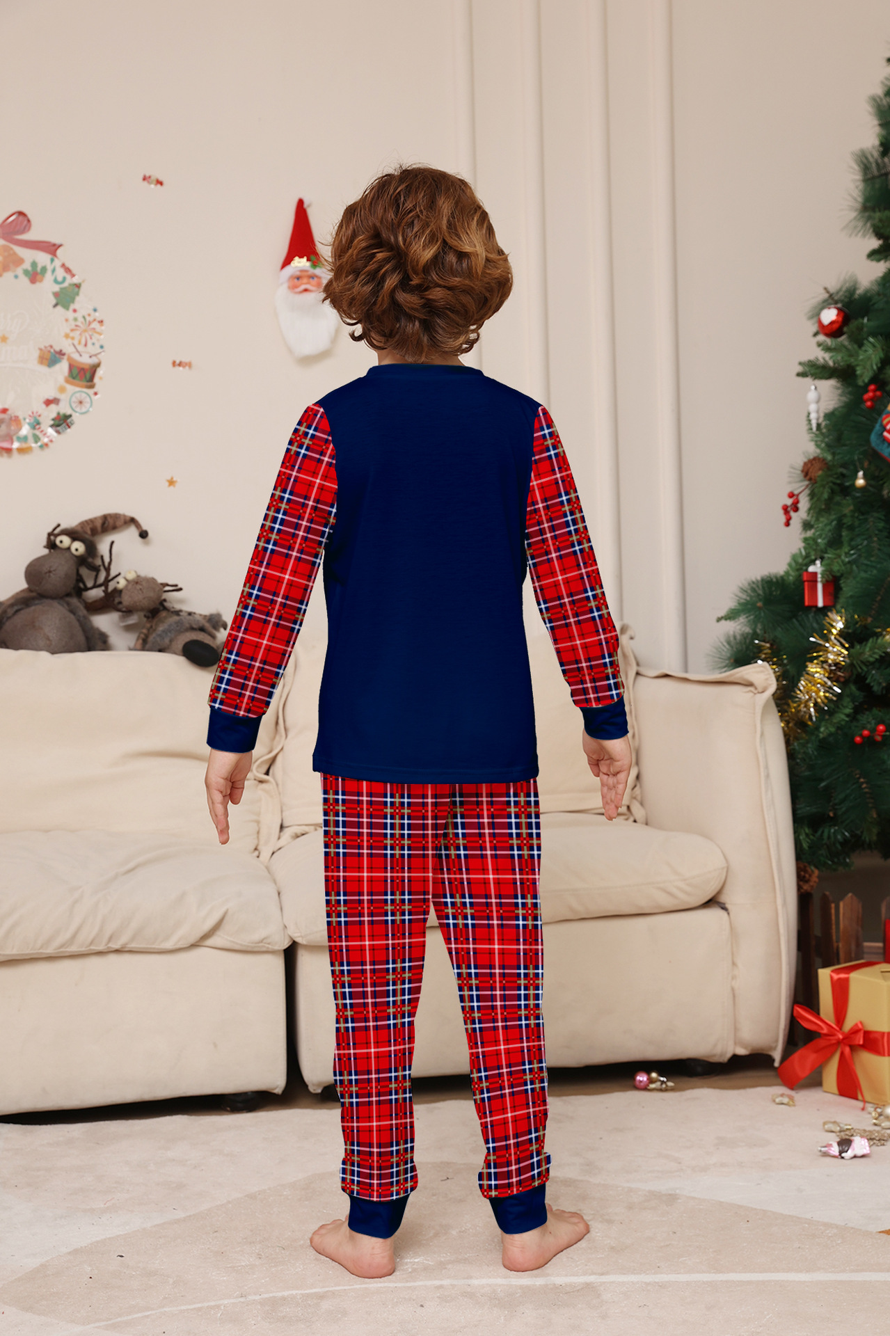 Navy Red‑Plaid Spliced Christmas Letter Family Pajamas
