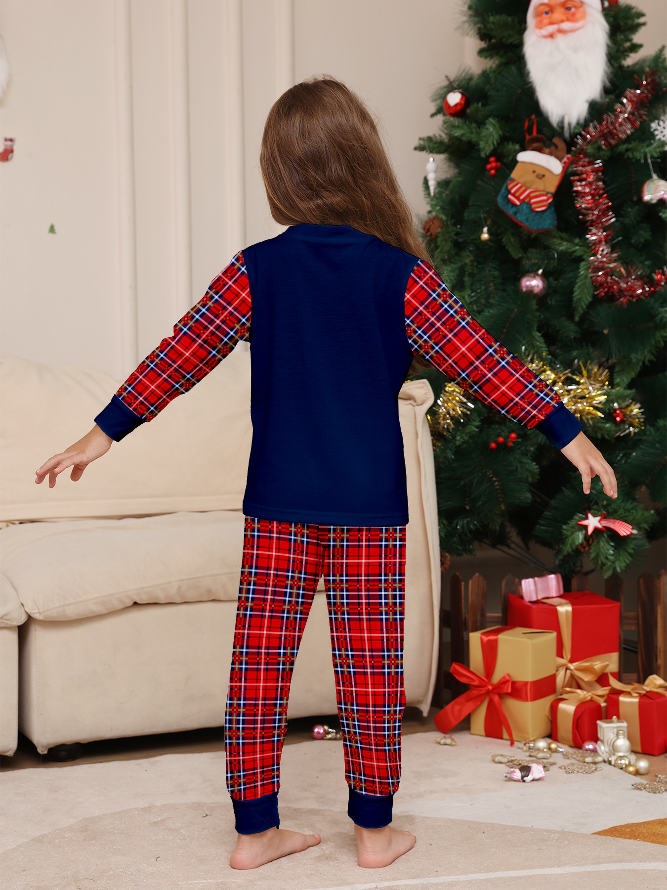 Navy Red‑Plaid Spliced Christmas Letter Family Pajamas