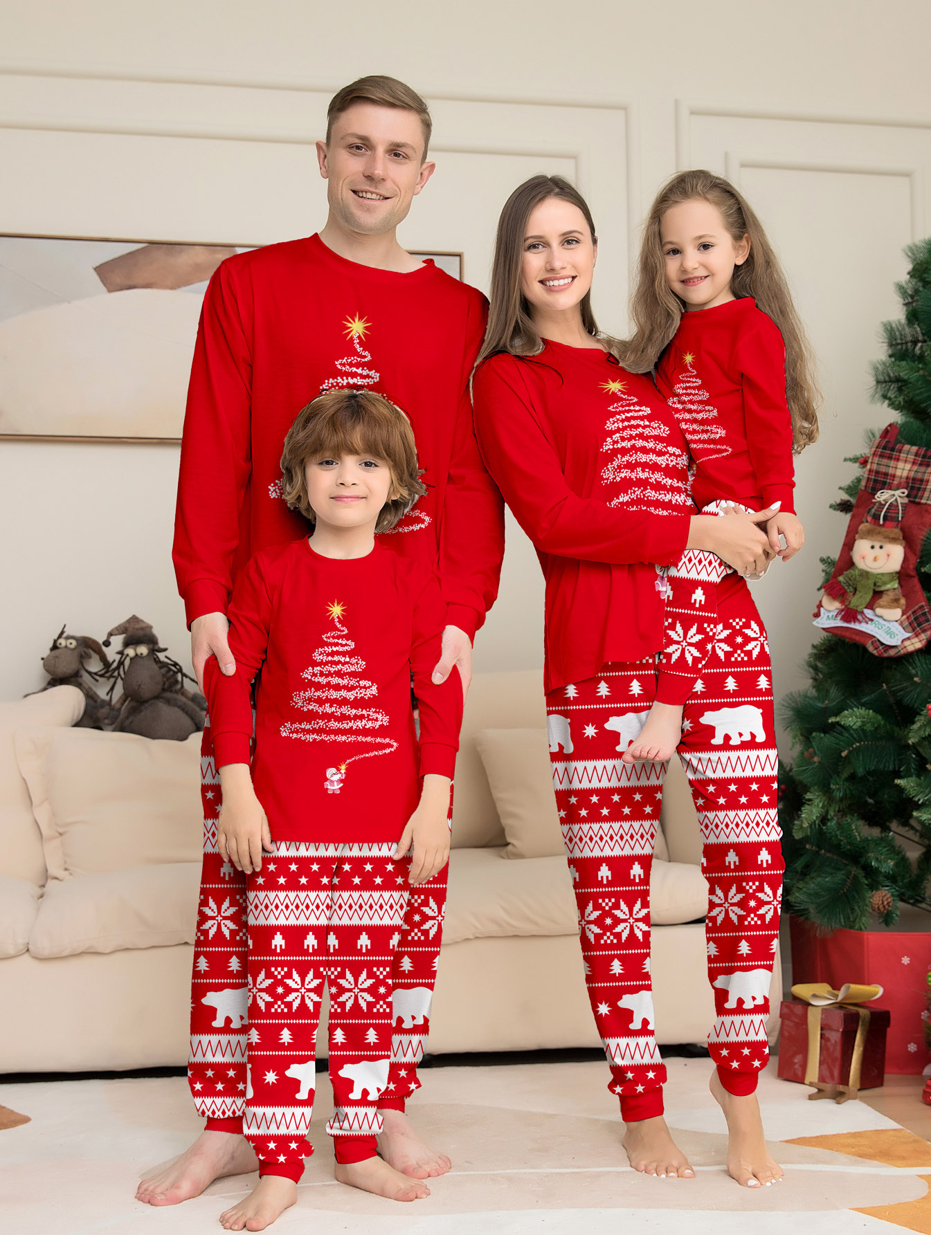 Red & Blue Christmas Tree Print Family Matching Pajamas