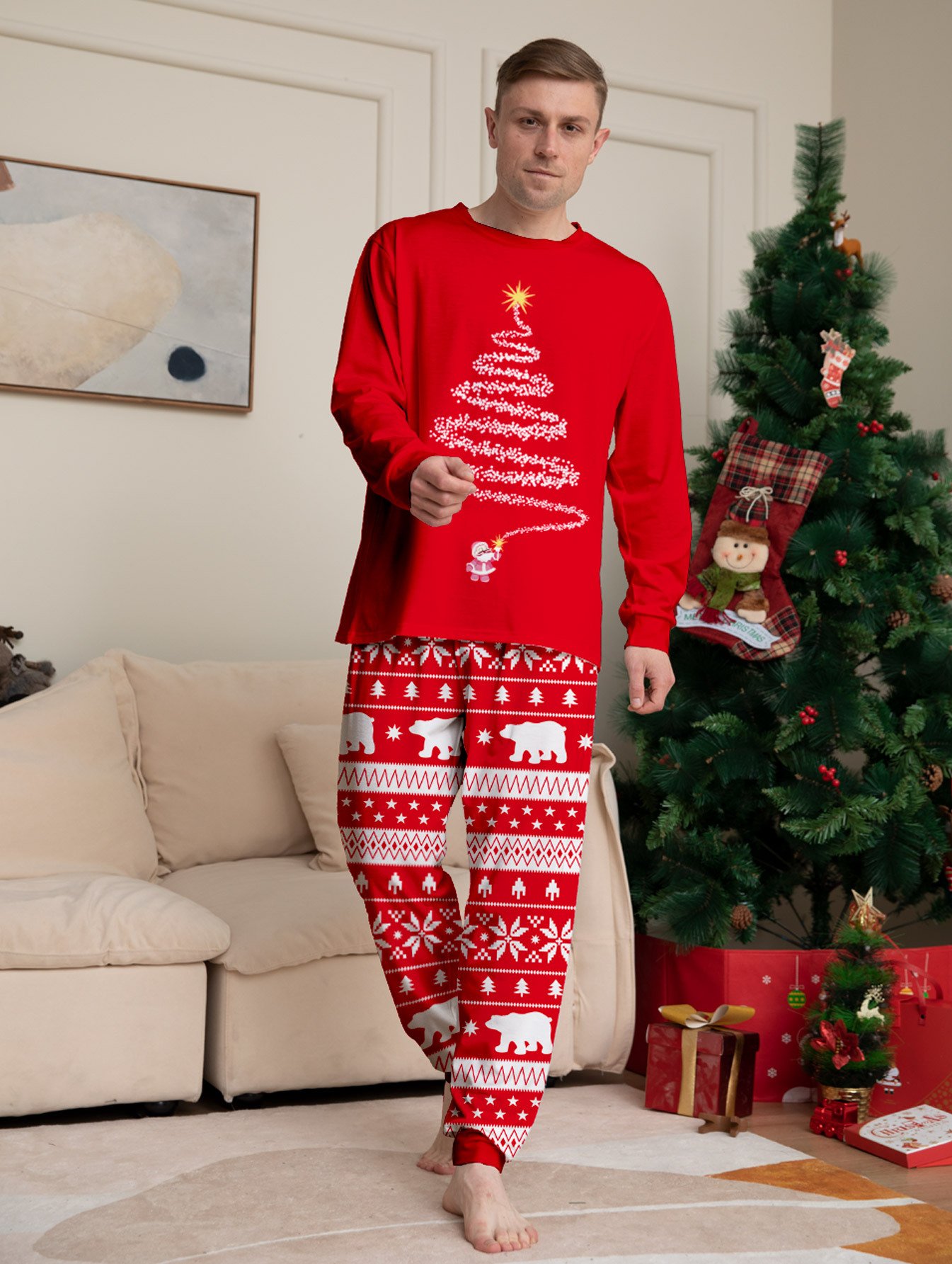 Red & Blue Christmas Tree Print Family Matching Pajamas