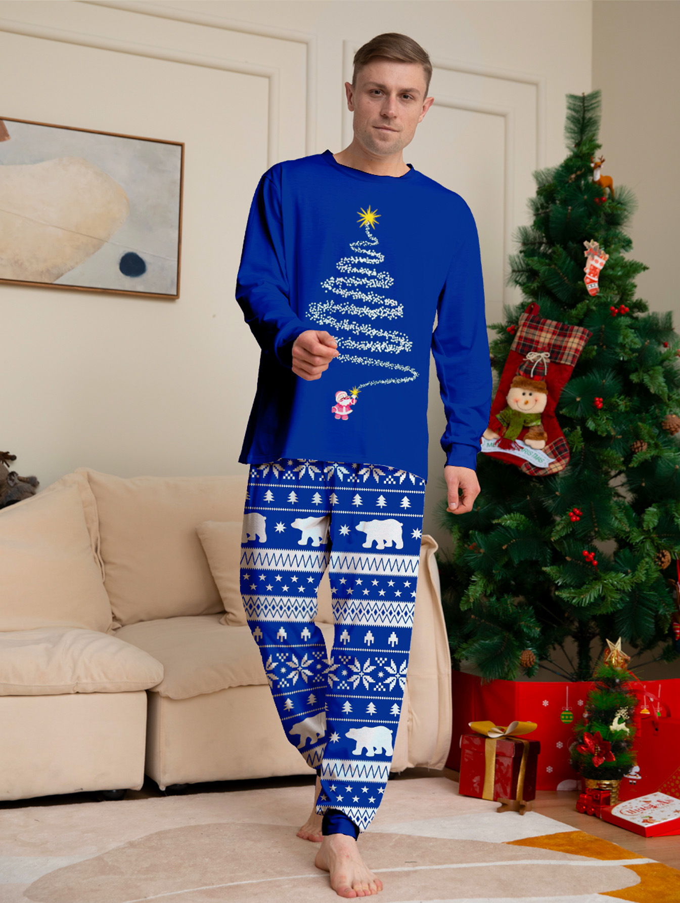 Red & Blue Christmas Tree Print Family Matching Pajamas