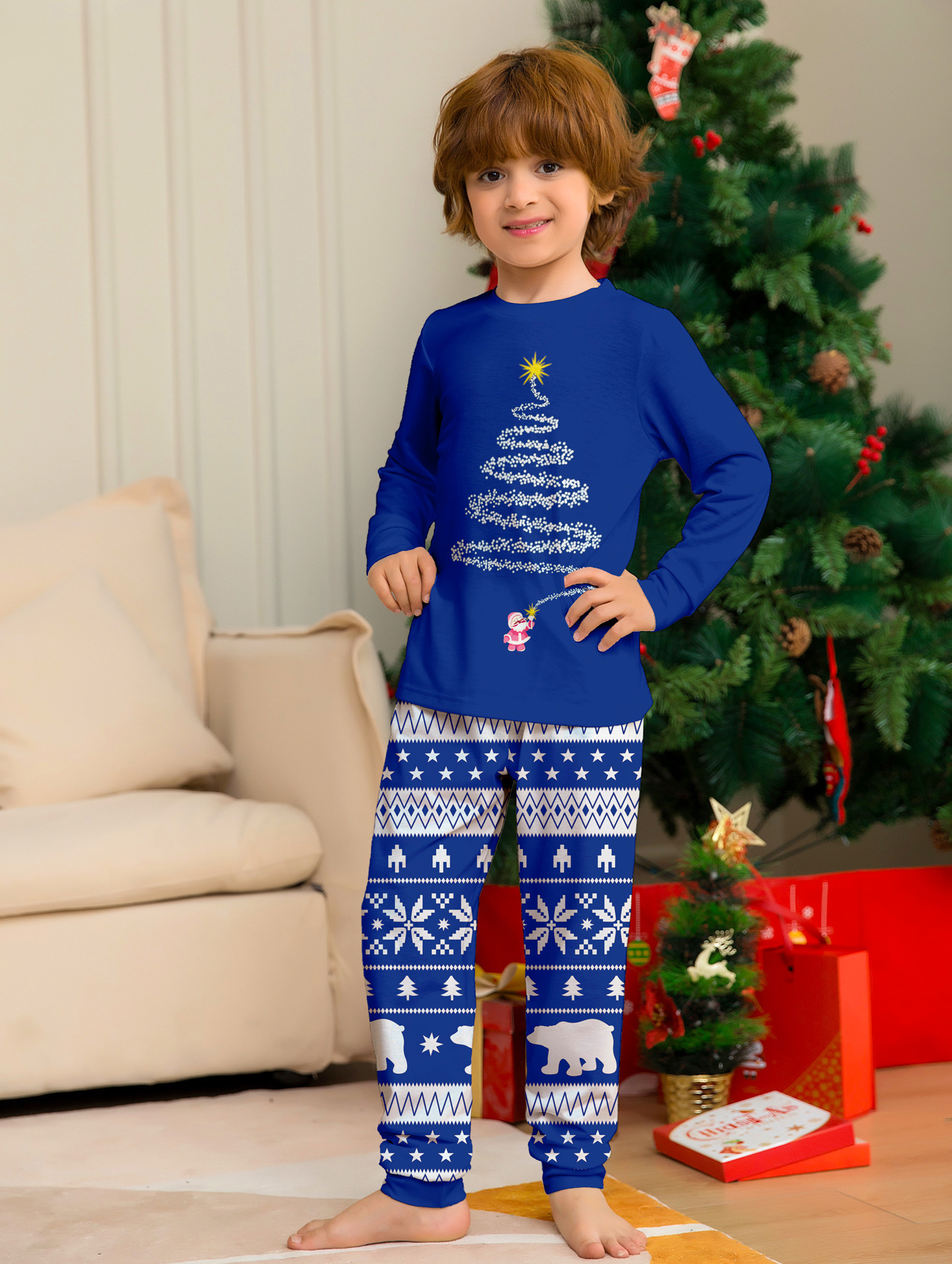 Red & Blue Christmas Tree Print Family Matching Pajamas