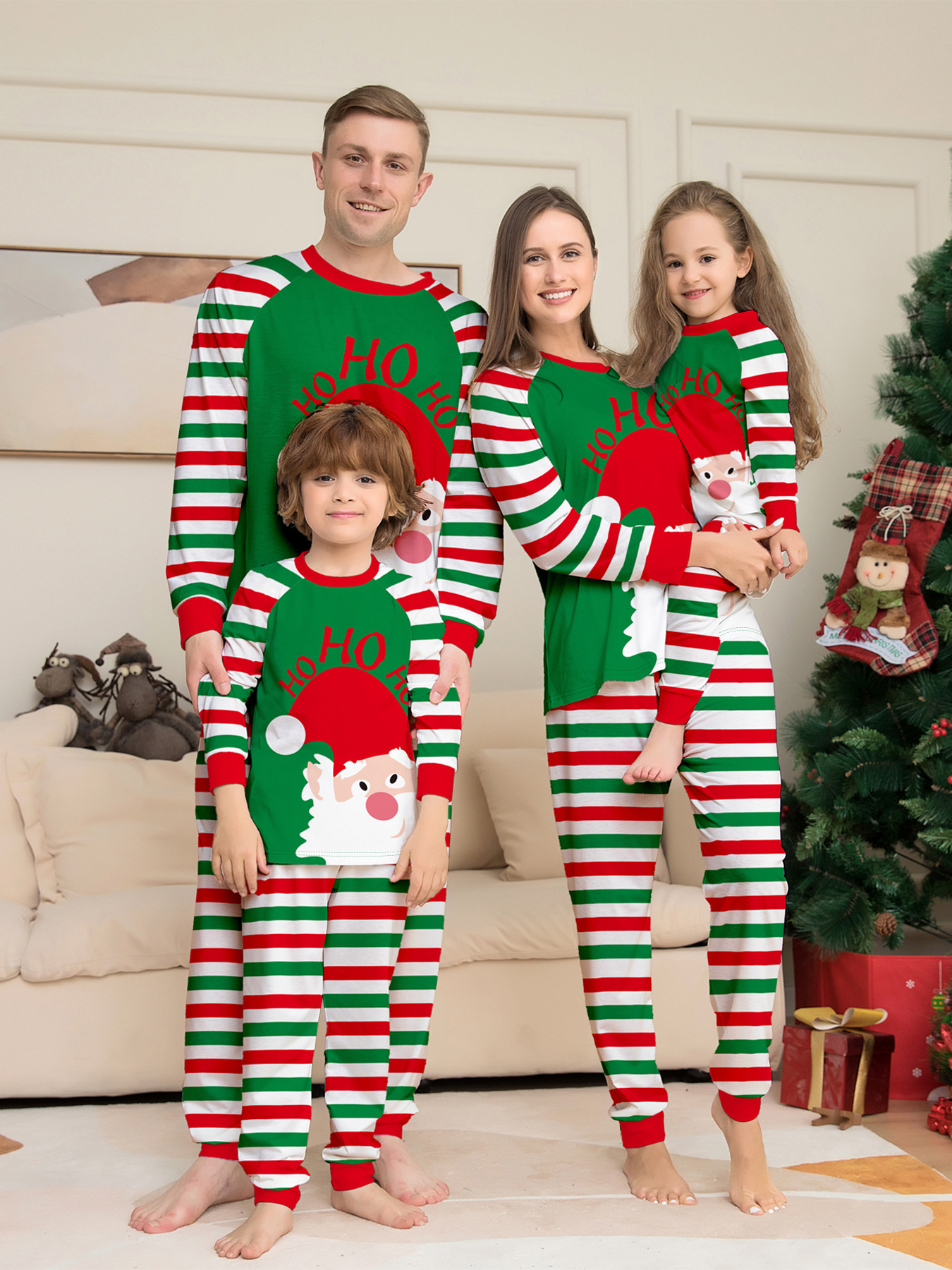 Green‑Red Striped Santa Ho‑Ho‑Ho Print Family Pajamas