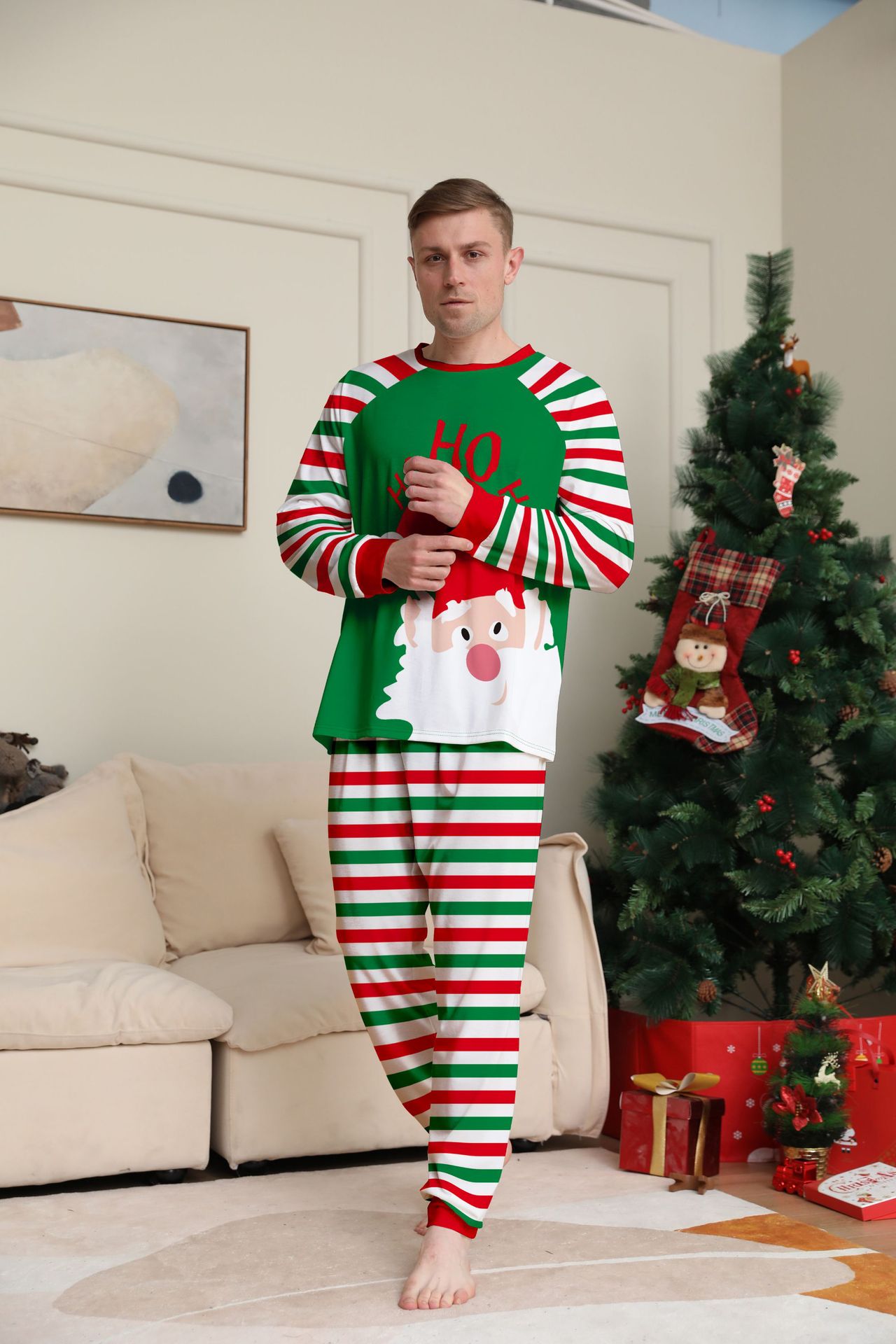 Green‑Red Striped Santa Ho‑Ho‑Ho Print Family Pajamas