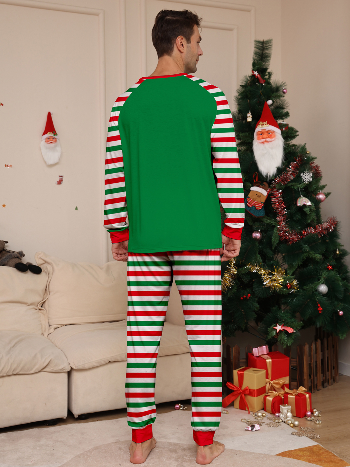 Green‑Red Striped Santa Ho‑Ho‑Ho Print Family Pajamas