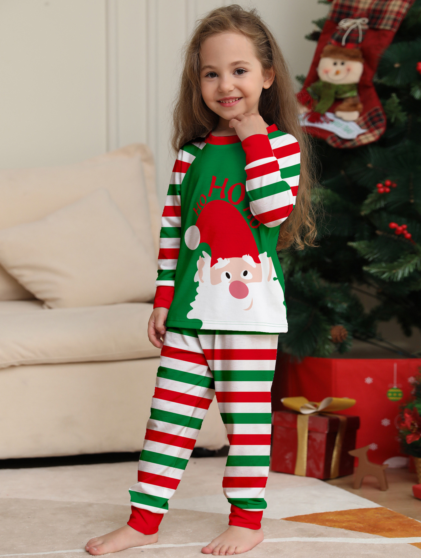 Green‑Red Striped Santa Ho‑Ho‑Ho Print Family Pajamas