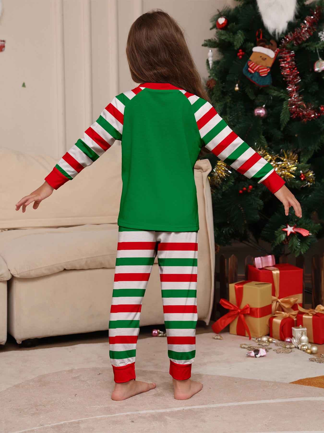 Green‑Red Striped Santa Ho‑Ho‑Ho Print Family Pajamas