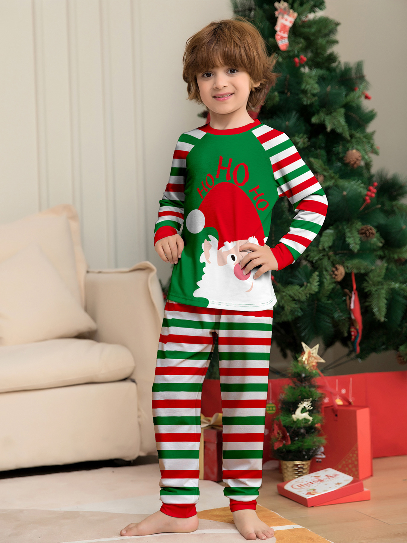 Green‑Red Striped Santa Ho‑Ho‑Ho Print Family Pajamas