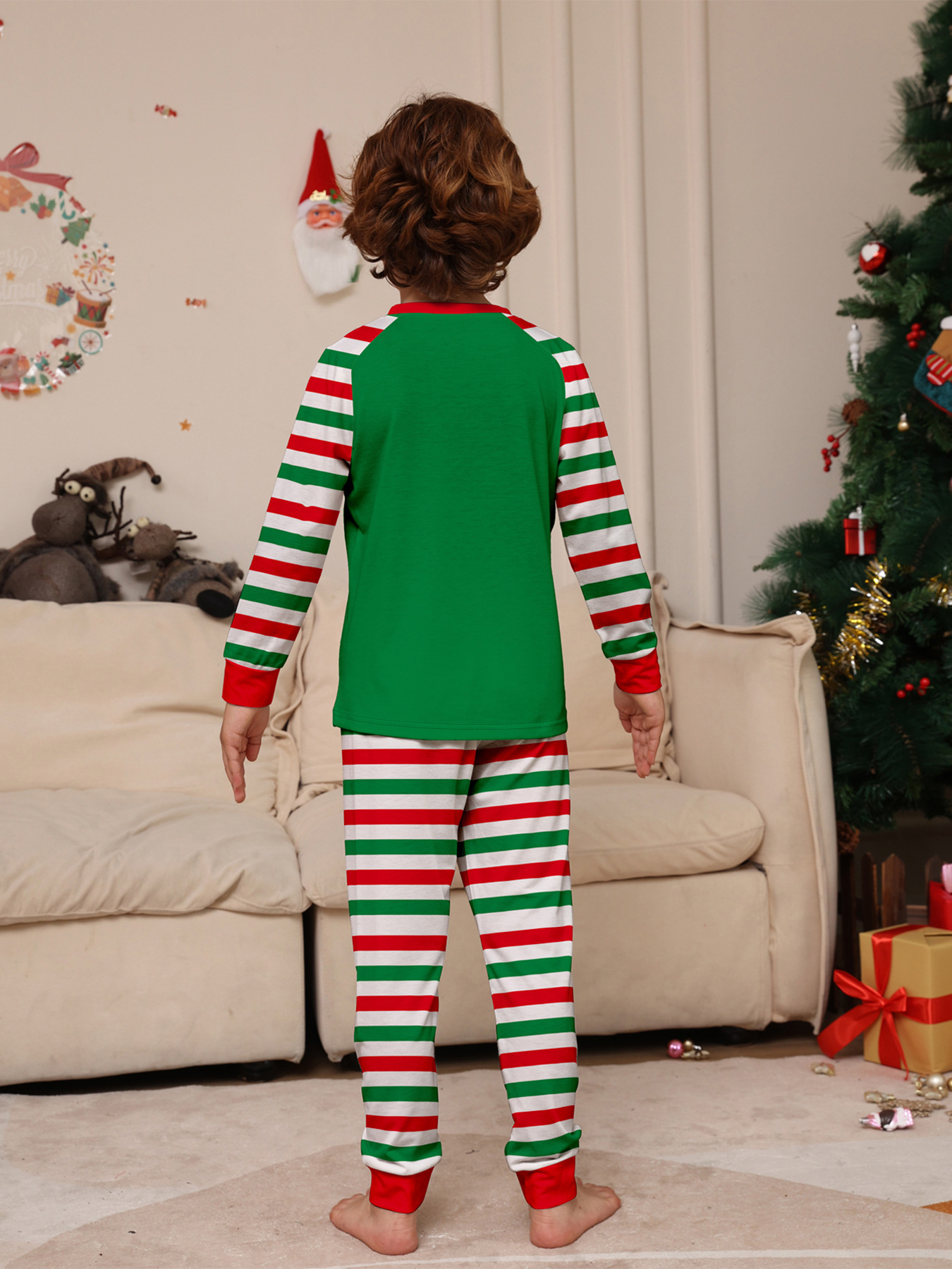 Green‑Red Striped Santa Ho‑Ho‑Ho Print Family Pajamas
